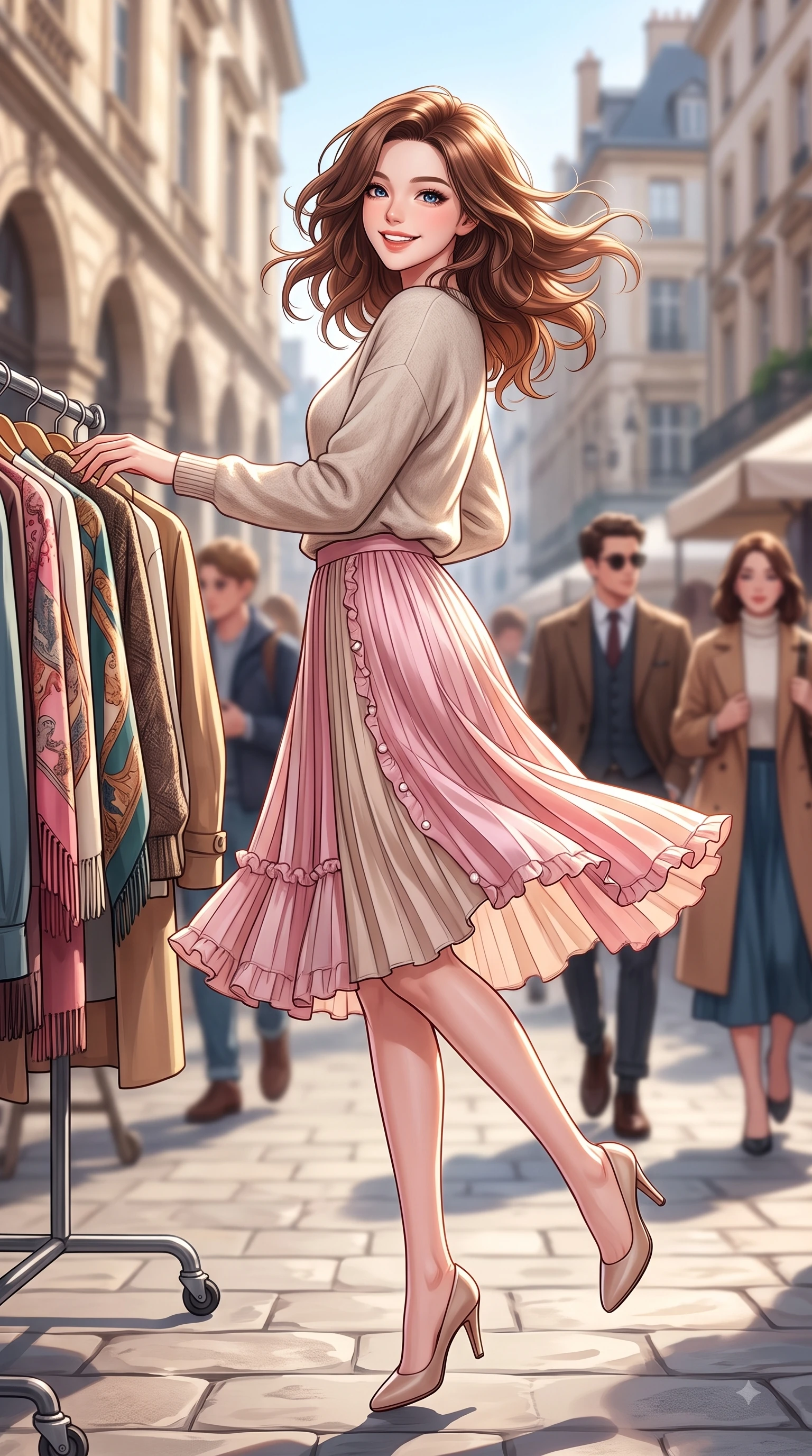 score_9, masterpiece, best quality, ultra-detailed, high-budget anime keyframe, editorial fashion photography, tasteful artistic composition, Korean woman. low angle full-body shot from head to toe showing her feet, filling the entire 9:16 vertical frame with her statuesque presence, stretching her vertical silhouette. leaping with pure youthful energy through the scene with a radiant bright smile, her long slender legs balanced gracefully while browsing outdoor vintage clothing racks with a bright, playful expression looking back at the camera. The composition keeps background elements in soft focus with dreamy bokeh. sunlit urban architecture and stylish passersby blurred seamlessly in the background. She has an absolutely perfect, statuesque 8.5-heads proportion, an exceptionally tall and slender model-like female figure with impossibly long slender legs and an ultra-slim waist. sharp v-shaped jawline, high-bridge nose, intricate jewel-like eyes with depth, thick eyelashes, glossy lips with a natural sheen, flawlessly proportioned anatomical accuracy, natural body alignment, perfectly sculpted elegant limbs, clean dynamic posture without body distortion. wearing a soft oatmeal cashmere pullover sweater paired with a flowing pleated satin skirt in cherry blossom pink and soft beige, made of fine lightweight chiffon that flutters gently in the breeze, finished with subtle ruffle trims and delicate pearl buttons, the tailored casual silhouette highlighting her fresh and youthful presence. illuminated by crisp clear afternoon key light and vibrant street highlights. highly saturated vibrant anime colors, detailed shading with soft gradients, rich glossy textures, high-contrast stereoscopic depth, volumetric dynamic lighting, master piece, 9:16 ratio