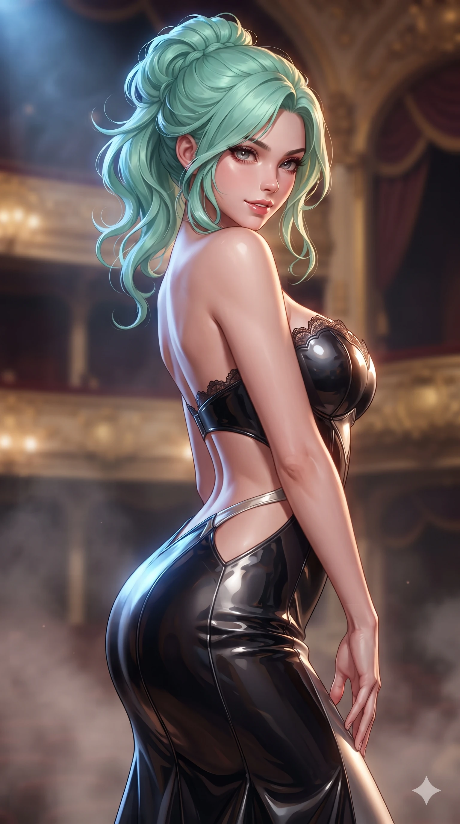 score_9, masterpiece, best quality, ultra-detailed, high-budget anime keyframe, semi-realistic 3D game render, editorial fashion photography, tasteful artistic composition, Japanese woman. close-up cowboy shot from the waist and thighs up, the character dominates the composition, filling the frame with her large presence. turning over a bare shoulder with an intoxicating, teasing smile, her soft hair framing her sharp jawline as her hips angle gracefully in a captivating contrapposto while twisting her slender torso in an alluring contrapposto stance, dramatic stage spotlights wrapping around her narrow waist and curvy hips with anime flair. The composition keeps background elements in soft focus with creamy bokeh: dramatic theatrical auditorium haze softened in majestic baroque opera stage shallow focus. She has an exceptionally elegant, slender, and willowy female figure with an ultra-slim waist, flat toned midriff, narrow ribcage, and sculpted feminine hips creating an alluring, slim hourglass silhouette without bulk. sharp v-shaped jawline, high-bridge nose, intricate jewel-like eyes with depth, thick eyelashes, glossy parted lips with a natural sheen, intensely captivating and seductive bedroom-eyes expression, flawlessly proportioned anatomical accuracy, strict slender model proportions, natural body alignment, perfectly sculpted long slender limbs, ultra-slim waistline, clean dynamic posture without body distortion. wearing a sculpted liquid-satin mermaid gown with an architectural open-waist cutout and bare spine in dark onyx black and molten platinum, tailored from high-gloss patent leather with mirror-like specular highlights, finished with scalloped eyelash lace trim framing her sweetheart neckline with intimate elegance, the form-contouring silhouette accentuating her sculpted flat midriff, narrow delicate ribcage, and gracefully curvy hips with intoxicating allure. highly saturated vibrant anime colors, dramatic stage rim lights sculpting her razor-sharp jawline and feminine curves. highly saturated vibrant anime colors, detailed shading with soft gradients, rich glossy textures, high-contrast stereoscopic depth, volumetric dynamic lighting, master piece, 9:16 ratio
