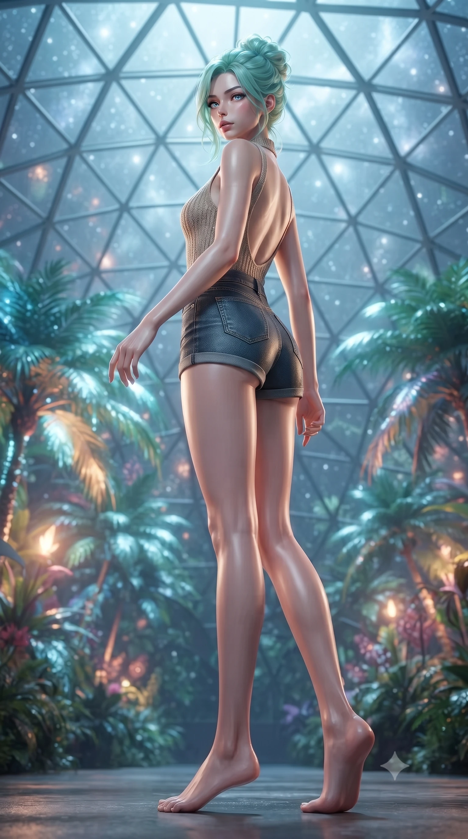 score_9, masterpiece, best quality, ultra-detailed, high-budget anime keyframe, editorial fashion photography, tasteful artistic composition, Japanese woman. low angle full-body shot from head to toe showing her feet, filling the entire 9:16 vertical frame with her statuesque presence, stretching her vertical silhouette. stepping gracefully while looking back over her shoulder, her dress draped tightly to reveal her silhouette the background shows a soft-focus a geodesic glass greenhouse dome filled with glowing bioluminescent tropical palms. She has an absolutely perfect, statuesque 8.5-heads proportion, an exceptionally tall and slender model-like female figure with impossibly long slender legs and an ultra-slim waist. sharp v-shaped jawline, high-bridge nose, intricate jewel-like eyes with depth, thick eyelashes, glossy lips with a natural sheen. wearing a slim-fit backless knit top in beige wool, paired with high-waisted denim shorts. opal silver starlight filtering through the glass ceiling, creating a cool ambient atmosphere. ultra-reflective glossy finish, specular highlights, metallic sheen, high-contrast stereoscopic depth, volumetric dynamic lighting, 2k, ultra detail, master piece, 9:16 ratio