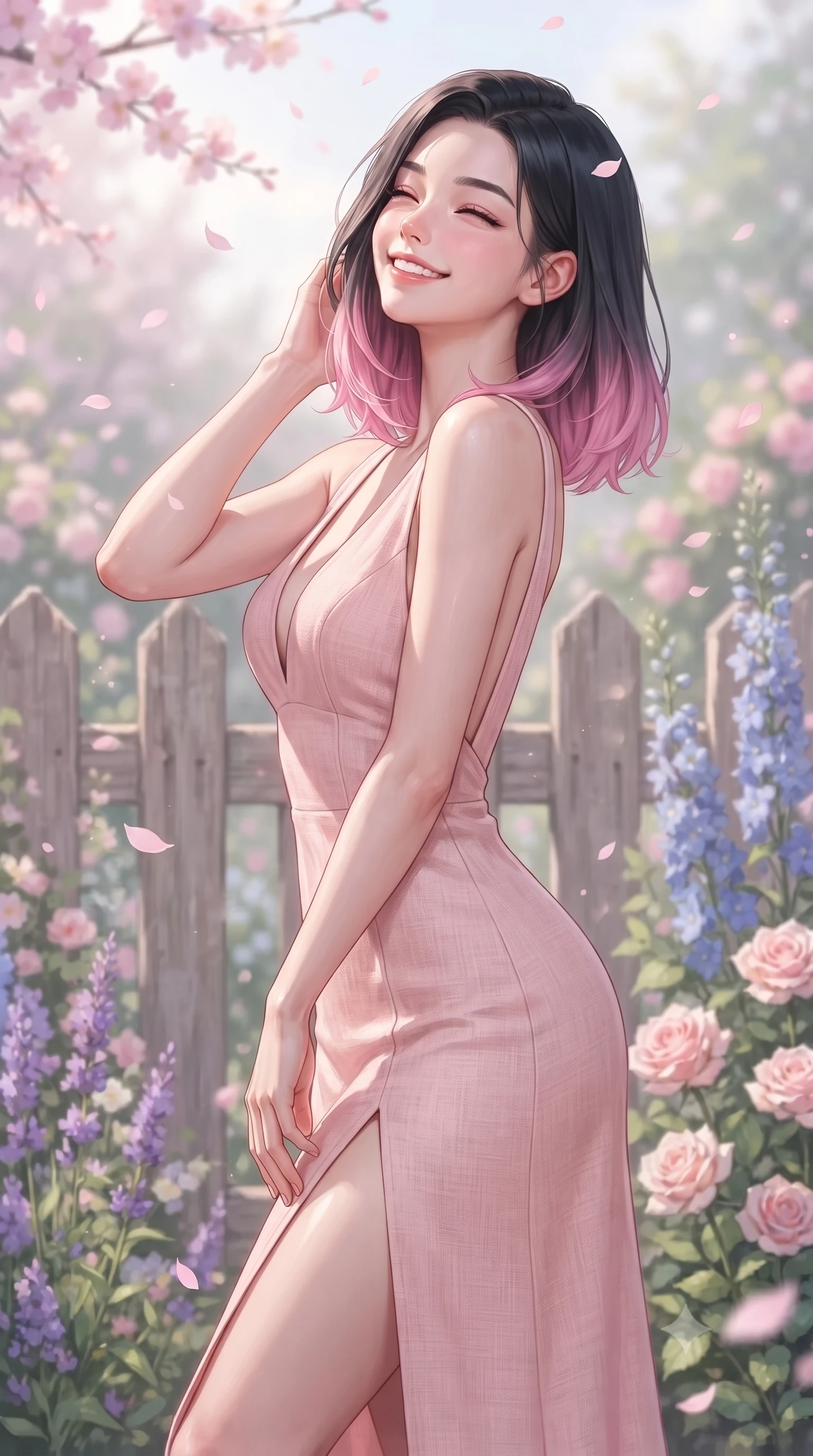 score_9, masterpiece, best quality, ultra-detailed, high-budget anime keyframe, editorial fashion photography, tasteful artistic composition, Korean woman. close-up cowboy shot from the waist and thighs up, the character dominates the composition, filling the frame with her large presence, background elements kept in soft focus. smiling happily with closed eyes, enjoying the warm sunbeams on her face set against a soft-focus background of in a lovely cottage garden filled with mixed cottage flowers and wooden fences catching falling pink cherry blossom petals with a delighted look. She has an exceptionally elegant, slender, and willowy female figure with an ultra-slim waist, a gracefully sculpted slender torso, and a refined silhouette. sharp v-shaped jawline, high-bridge nose, intricate jewel-like eyes with depth, thick eyelashes, glossy lips with a natural sheen. wearing form-contouring linen sundress with a daring high slit and a low-cut back design. soft diffused daylight creating a dreamy, pastel-colored country glow. ultra-reflective glossy finish, specular highlights, metallic sheen, high-contrast stereoscopic depth, volumetric dynamic lighting, 2k, ultra detail, master piece, 9:16 ratio
