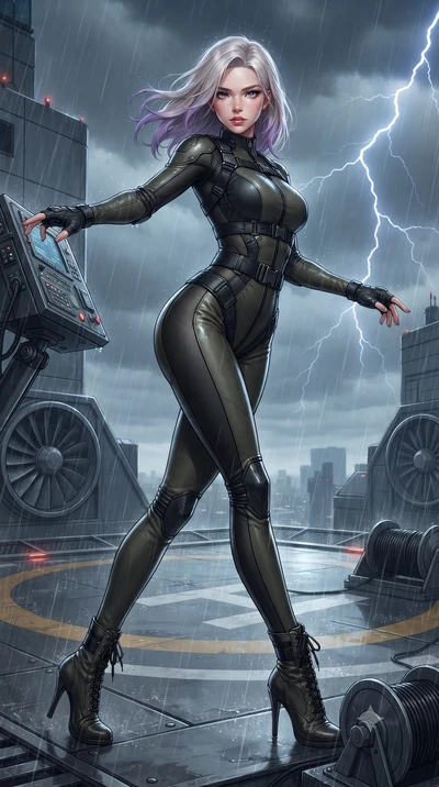 score_9, masterpiece, best quality, ultra-detailed, high-budget anime keyframe, editorial fashion photography, tasteful artistic composition, Caucasian woman. low angle full-body shot from head to toe showing her feet, filling the entire 9:16 vertica