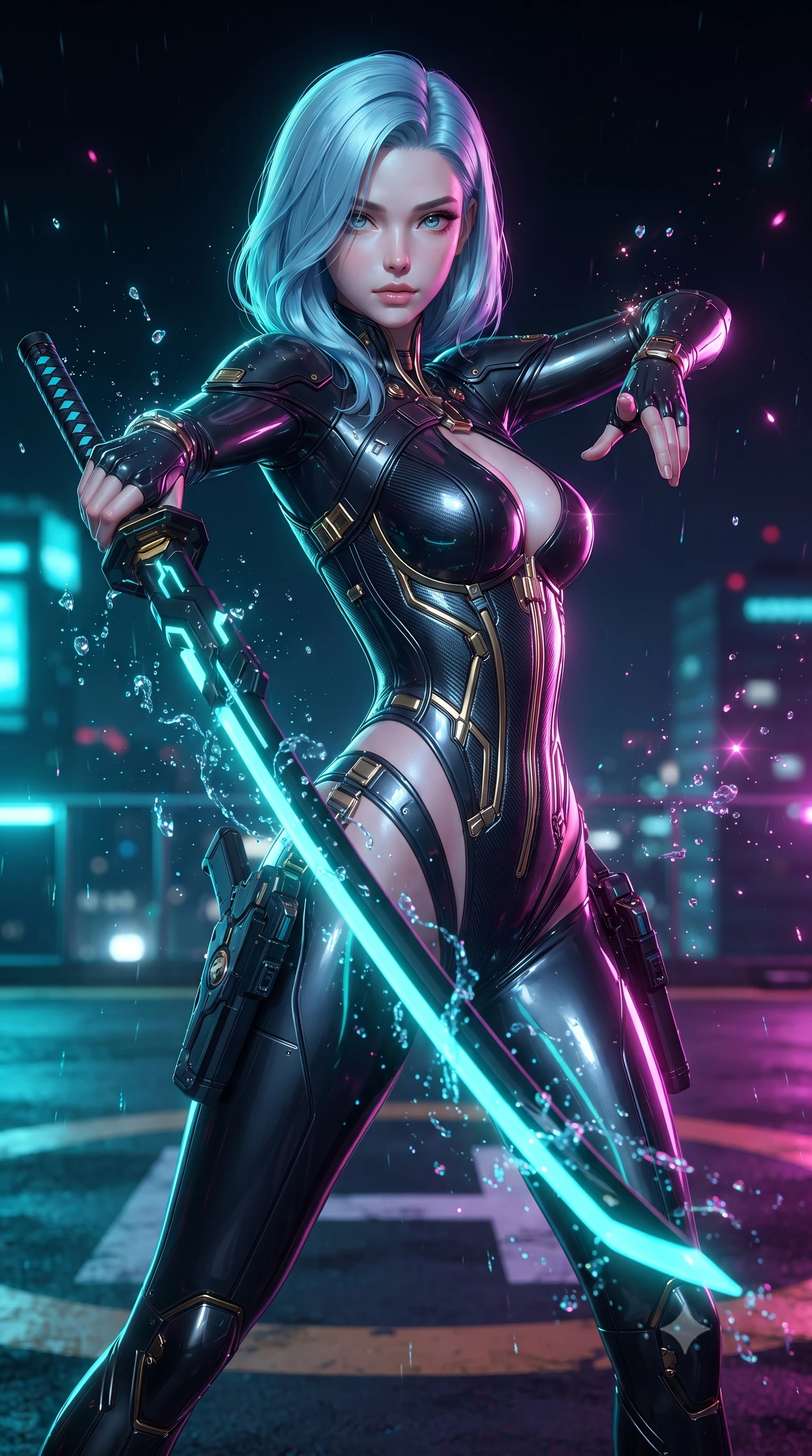 score_9, masterpiece, best quality, ultra-detailed, high-budget anime keyframe, editorial fashion photography, tasteful artistic composition, Korean woman. close-up cowboy shot from the waist and thighs up, the character dominates the composition, filling the frame with her large presence. twisting her upper body in a dynamic S-curve combat stance, one hand steadying her weapon with commanding supermodel allure while pivoting dynamically across the illuminated helipad markings as neon rain droplets splash off her glowing energy blade. The composition keeps background elements in soft focus with creamy bokeh. sparkling plasma energy motes and splashing rain droplets scattering radiant light across a dark backdrop. She has an exceptionally elegant, slender, and willowy female figure with an ultra-slim waist, a gracefully sculpted slender torso, toned flat midriff, and a refined slim silhouette. sharp v-shaped jawline, high-bridge nose, intricate jewel-like eyes with depth, thick eyelashes, glossy lips with a natural sheen, flawlessly proportioned anatomical accuracy, strict slender model proportions, natural body alignment, perfectly sculpted long slender limbs, ultra-slim waistline, clean dynamic posture without body distortion. wearing a precision-tailored high-fashion carbon-fiber corset bodysuit with gold mechanical rib boning, wielding a glowing energy katana with royal elegance in matte obsidian carbon black with electric cyan conduits, formed from high-gloss patent carbon-plating with specular chiaroscuro reflections, detailed with magnetic weapon holsters and polished chrome connection clasps, the precision-cut daring openings accentuating her delicate midriff, graceful bare collarbones, and ultra-slim feminine waistline. bathed in vivid high-contrast neon cyan and magenta city backlighting with electric blade glow. ultra-reflective glossy finish, specular highlights, dark metallic sheen, high-contrast stereoscopic depth, volumetric dynamic lighting, 2k, ultra detail, master piece, 9:16 ratio