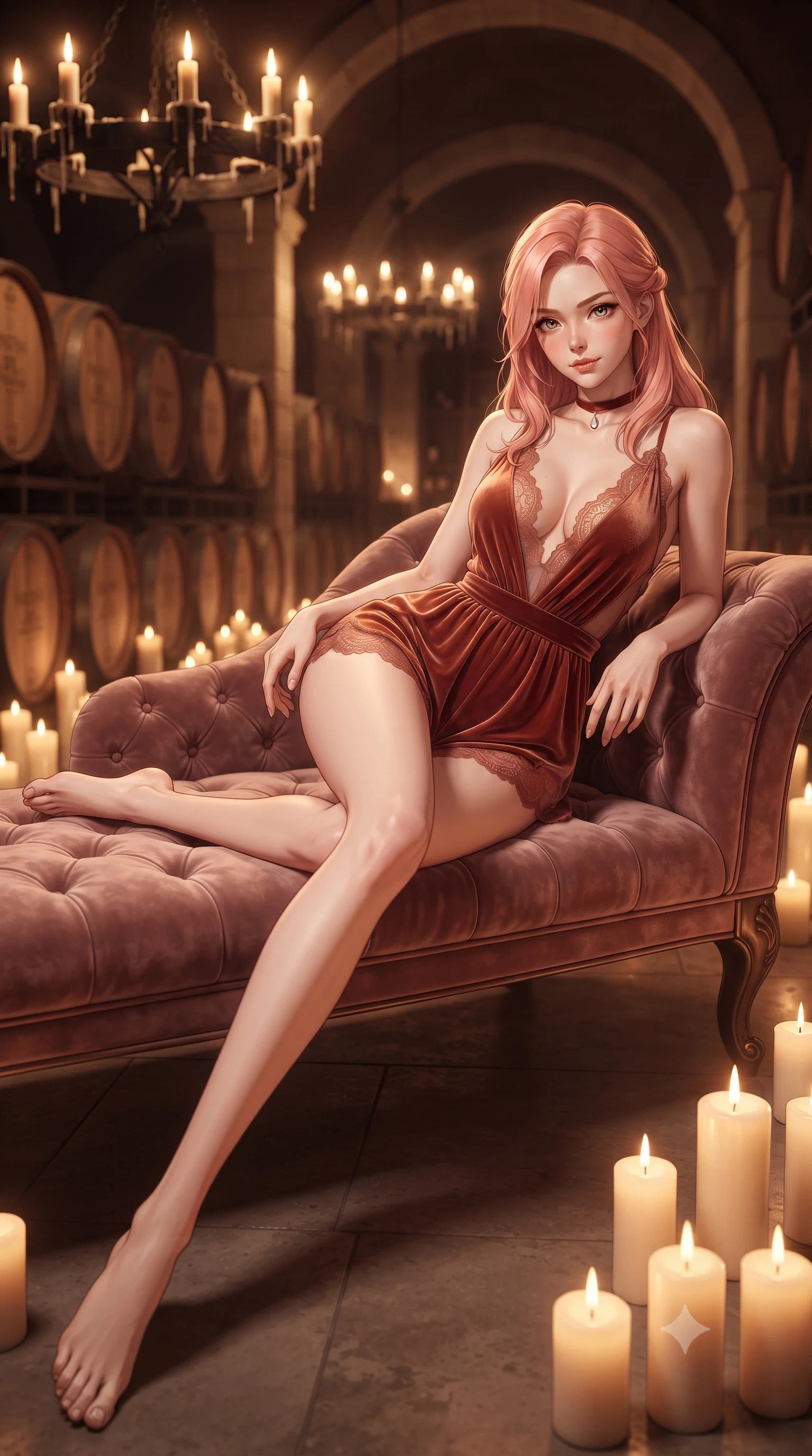 score_9, masterpiece, best quality, ultra-detailed, high-budget anime keyframe, editorial fashion photography, tasteful artistic composition, Japanese woman. low angle full-body shot from head to toe showing her feet, filling the entire 9:16 vertical frame with her statuesque presence, stretching her vertical silhouette. reclining gracefully across the plush chaise lounge with one leg extended, her sculpted silhouette and flat midriff radiating magnetic nocturnal glamour while twisting her slender torso in an alluring contrapposto stance, dancing candlelight and warm amber floor up-lights tracing her curves. The background shows a soft-focus towering rows of vintage wine barrels, hand-forged wrought-iron chandeliers with dripping wax candles, and limestone archways blurred into honey, sepia, and ruby bokeh. She has an absolutely perfect, statuesque 8.5-heads proportion, an exceptionally tall and slender model-like female figure with impossibly long slender legs, an ultra-slim waist, a flat toned midriff, narrow delicate ribcage, and beautifully sculpted feminine hips creating a graceful, slim hourglass silhouette without any bulky heaviness. sharp v-shaped jawline, high-bridge nose, sparkling eyes with hypnotic seductive depth, thick curled eyelashes, glossy parted lips with a natural dewy peach sheen, alluring bedroom-eyes with an enchanting coquettish smile, exuding magnetic siren charisma and sophisticated glamour, flawlessly proportioned anatomical accuracy, strict slender model proportions, natural body alignment, perfectly sculpted long slender limbs, ultra-slim waistline, clean dynamic posture without body distortion. wearing a plunge-neck stretch velvet romper with scalloped eyelash-lace hems and a cinched waist ribbon in sun-drenched Tuscan terracotta and burnished copper, made of semi-opaque stretch illusion mesh with soft shadowy contours, finished with a thin velvet ribbon choker and a single teardrop diamond pendant, the precision-cut side openings and low-back scoop framing her graceful spine and the sensual sweep of her slim, toned hips. bathed in the intimate warm amber flicker of hundreds of real wax candles paired with modern 2400K recessed floor up-lighting. ultra-reflective glossy finish, specular highlights, rich textural contrasts, high-contrast stereoscopic depth, volumetric dynamic lighting, 2k, ultra detail, master piece, 9:16 ratio