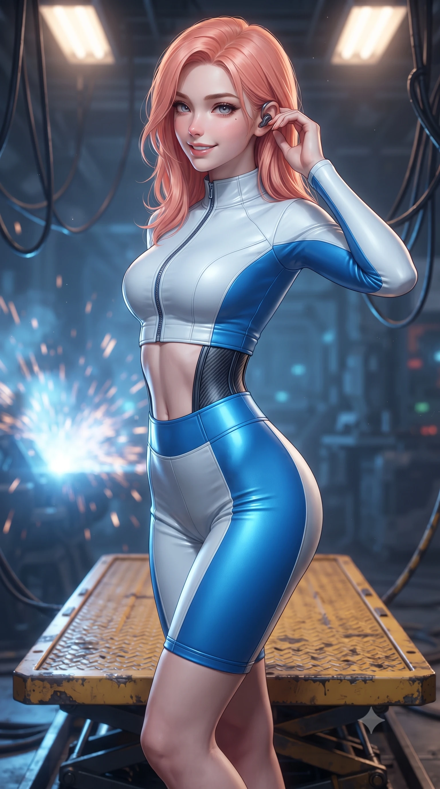 score_9, masterpiece, best quality, ultra-detailed, high-budget anime keyframe, editorial fashion photography, tasteful artistic composition, Japanese woman. close-up cowboy shot from the waist and thighs up, the character dominates the composition, filling the frame with her large presence. tilting her head with a captivating smile while arching her spine with dancer poise, one hand adjusting her ear comm-link in a flirtatious S-curve while standing poised on a yellow hydraulic lift platform with hips cocked back, looking over her shoulder with an intoxicating mechanic allure. The background shows a soft-focus cascading welding sparks and suspended hydraulic umbilical cables softened in gritty mecha-hangar shallow focus. She has an exceptionally elegant, slender, and willowy female figure with an ultra-slim waist, flat toned midriff, narrow ribcage, and sculpted feminine hips creating an alluring, slim hourglass silhouette without bulk. sharp v-shaped jawline, high-bridge nose, intricate jewel-like sparkling eyes with depth, thick eyelashes, glossy parted lips with a natural sheen, bright confident smile with an enchanting and coquettish sensual glint, exuding both youthful magnetic charm and sovereign high-tech allure, flawlessly proportioned anatomical accuracy, strict slender model proportions, natural body alignment, perfectly sculpted long slender limbs, ultra-slim waistline, clean dynamic posture without body distortion. wearing a sleek two-piece combat athletic set with a zip-front mock-neck crop top and contouring biker shorts hugging her curvy hips in arctic snowflake white and electric plasma blue, formed from supple thermal silicone composite adhering seamlessly like a second skin, finished with delicate carbon-fiber boning framing the narrow waistline, the form-fitting tactical tailoring adhering flawlessly to her sculpted flat midriff and slender torso, emphasizing her long leg lines and perfectly proportioned willowy build. bathed in high-intensity arc-welding blue light pulses contrasting with warm halogen overhead lamps. ultra-reflective glossy finish, specular highlights, rich textural contrasts, high-contrast stereoscopic depth, volumetric dynamic lighting, 2k, ultra detail, master piece, 9:16 ratio