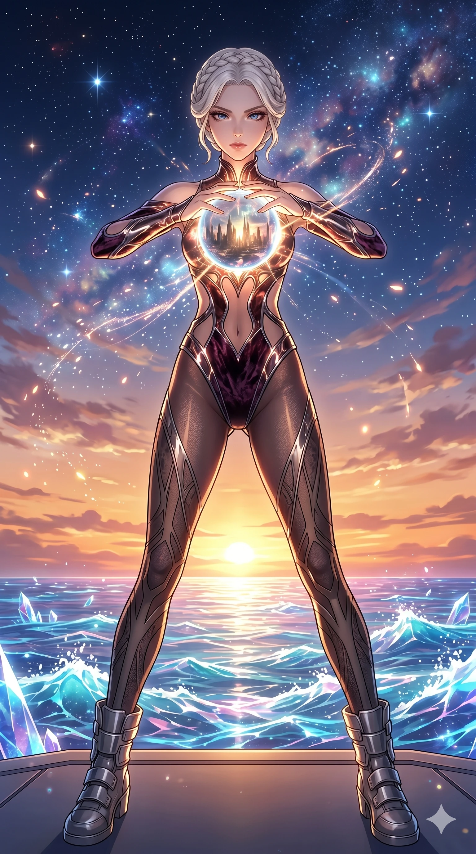 score_9, masterpiece, best quality, ultra-detailed, High-budget Anime Keyframe, vibrant colors, fluid line-art, expressive lighting, cinematic composition, Ufotable-style visual effects, top-tier animation quality, Japanese woman with delicate and elegant anime-inspired features. Low angle cowboy shot filling the entire 9:16 frame with her statuesque presence, looking up to emphasize her height. Holding a glowing ancient orb that reveals a flickering vision of the future, its light illuminating her determined face. She has an absolutely perfect 8-heads proportion, an exceptionally tall and slender female figure with impossibly long slender legs and an ultra-slim waist, her statuesque height and towering silhouette dominating the vertical 9:16 frame. Her face is a masterpiece featuring a sharp v-shaped jawline, high-bridge nose, intricate jewel-like eyes with depth, thick eyelashes, and glossy lips with a natural sheen. She is wearing a Molten metal-look bodysuit with daring cut-outs and a high-cut silhouette crafted from Crushed dark velvet with a deep, rich texture that absorbs light and glows at the edges, accompanied by patterned tights and metallic boots. The scene is set in a vibrant sunset over a futuristic crystalline ocean with waves made of liquid light, illuminated by flickering starlight and nebula glow providing a mystical and vast ambiance. 2k, ultra detail, master piece, 9:16 ratio