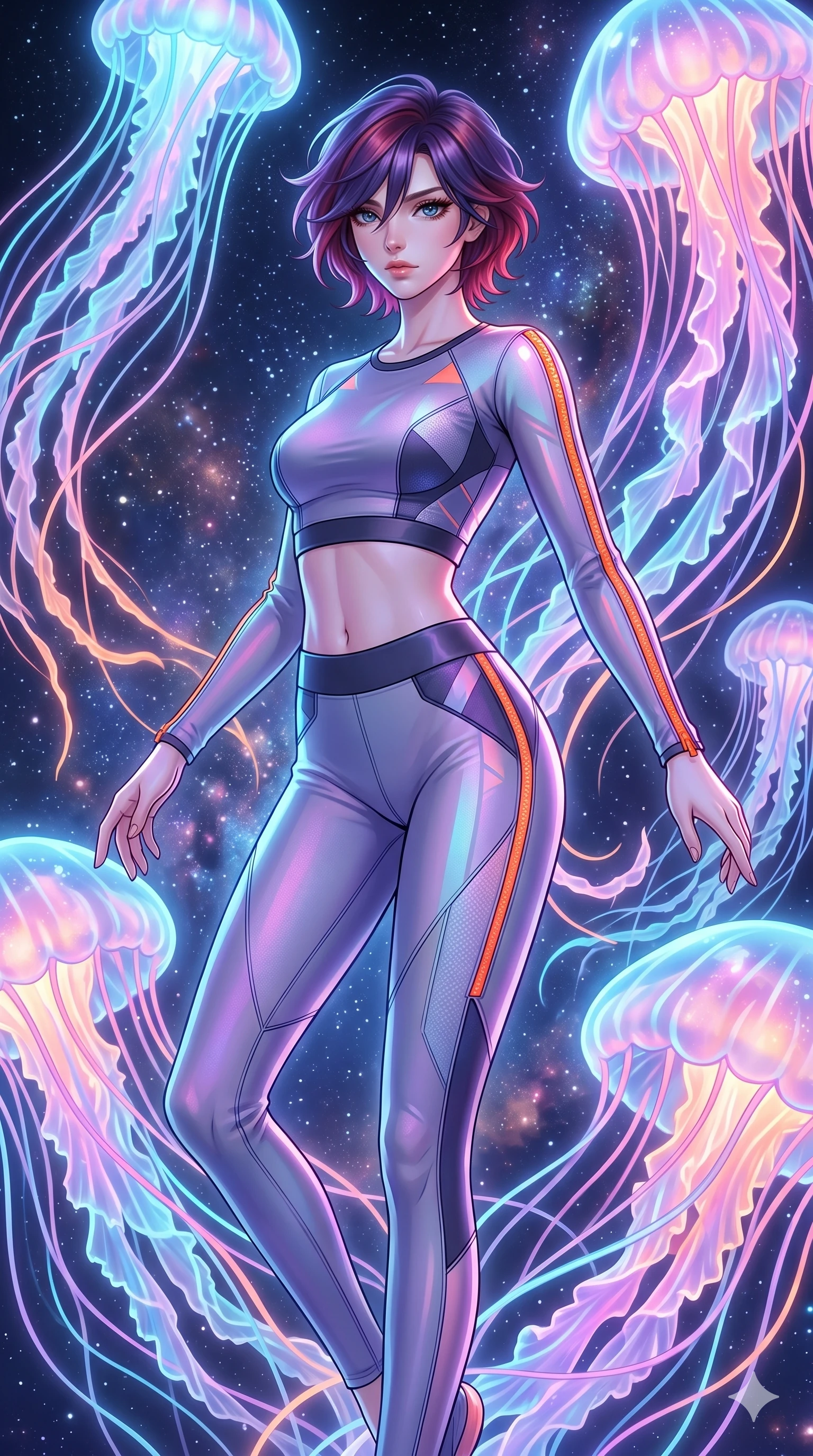 score_9, masterpiece, best quality, ultra-detailed, high-budget anime keyframe, Caucasian woman, strictly human ears. upper body close-up from the thighs up, character filling the screen for maximum presence. swirling gracefully among the glowing ribbon-like tentacles of giant bioluminescent jellyfish floating in a starry sky garden. She has an absolutely perfect 8-heads proportion, an exceptionally tall and slender female figure with impossibly long slender legs and an ultra-slim waist. V-shaped jawline, high-bridge nose, intricate jewel-like eyes with depth, thick eyelashes, glossy lips with a natural sheen.. wearing a second-skin neoprene cyber-athleisure set, featuring a tight crop top and leggings with fluorescent orange zipper accents and side slash panels. enhanced by a luminous pastel spectrum glow, casting elegant rim lights on her shoulders and jawline. 2k, ultra detail, master piece, 9:16 ratio