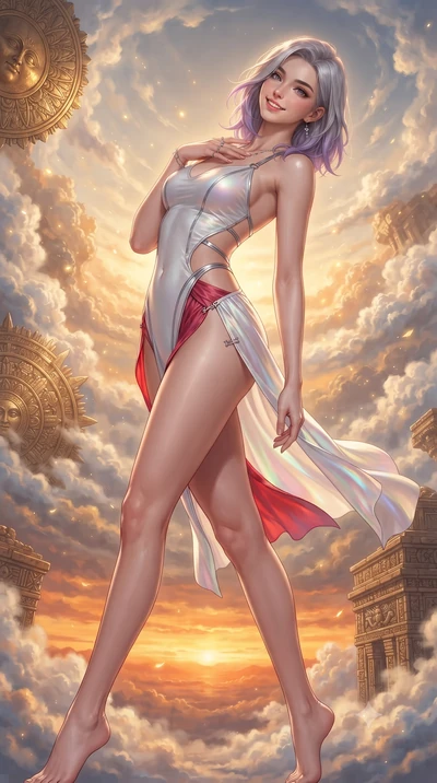 score_9, masterpiece, best quality, ultra-detailed, high-budget anime keyframe, editorial fashion photography, tasteful artistic composition, Caucasian woman. low angle full-body shot from head to toe showing her feet, filling the entire 9:16 vertica