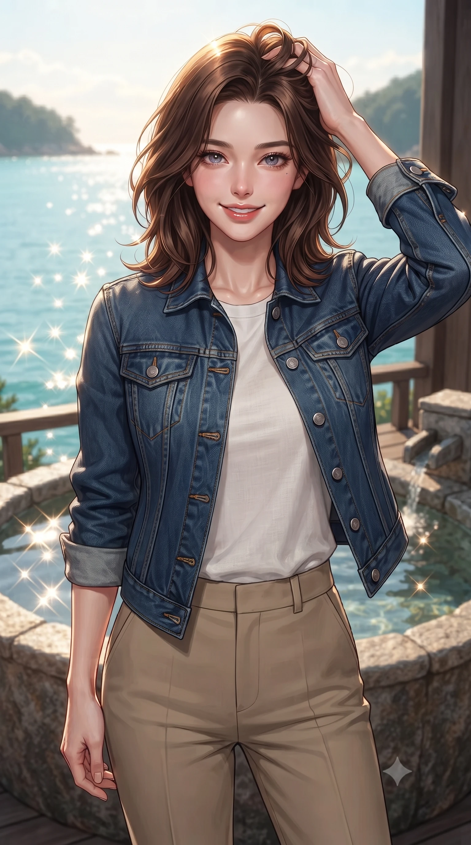 score_9, masterpiece, best quality, ultra-detailed, high-budget anime keyframe, editorial fashion photography, tasteful artistic composition, Korean woman woman. close-up cowboy shot from the waist and thighs up, the character dominates the composition, filling the frame with her large presence, background elements kept in soft focus. smiling with quiet, magnetic self-assurance directly into the camera, running a hand through her hair the background shows a soft-focus a stone bath tub on a private deck overlooking a quiet bay with turquoise water. She has an exceptionally elegant, slender, and willowy female figure with an ultra-slim waist, a gracefully sculpted slender torso, and a refined silhouette. sharp v-shaped jawline, high-bridge nose, intricate jewel-like eyes with depth, thick eyelashes, glossy lips with a natural sheen. wearing a body-hugging clean-cut denim jacket over a white linen tee and khaki trousers. bright morning sun rays creating sparkling glints on the sea and water tub. ultra-reflective glossy finish, specular highlights, metallic sheen, high-contrast stereoscopic depth, volumetric dynamic lighting, 2k, ultra detail, master piece, 9:16 ratio