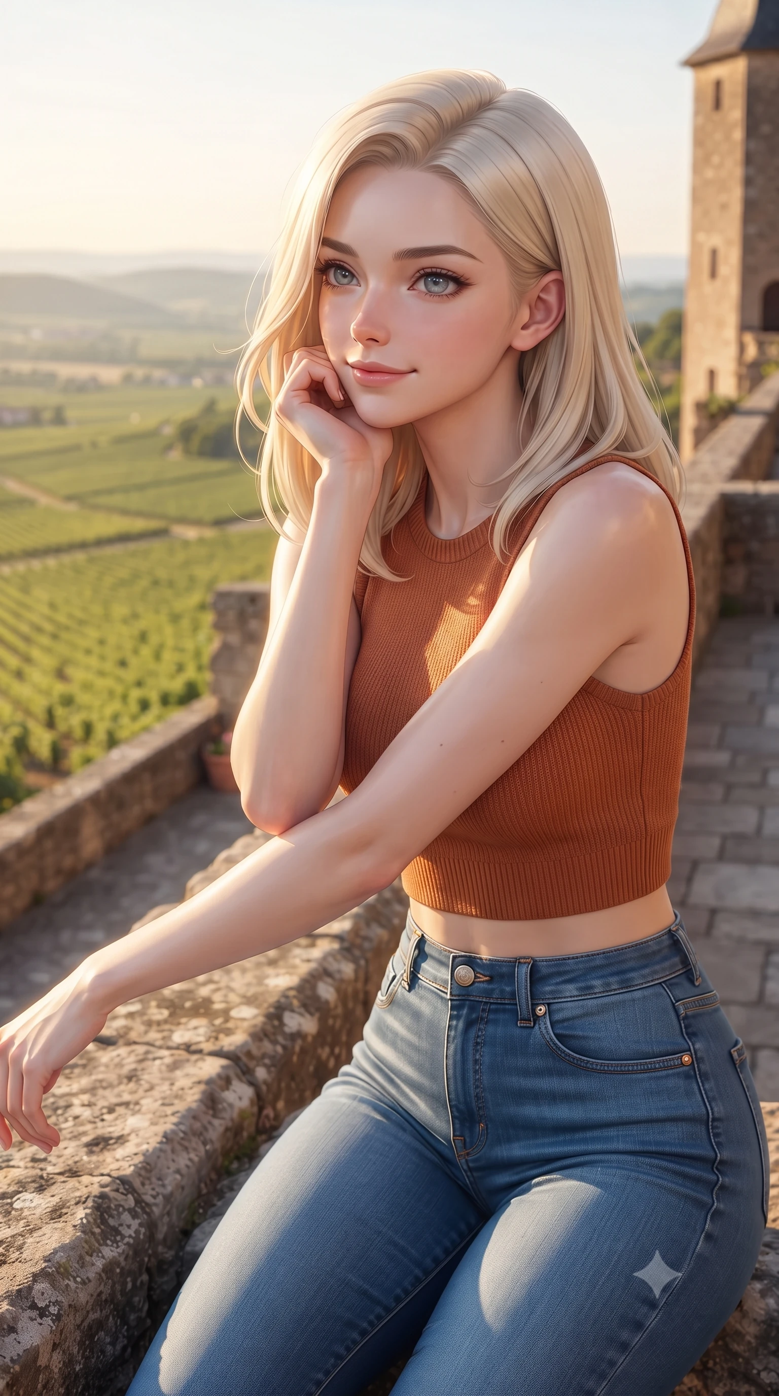 score_9, masterpiece, best quality, ultra-detailed, high-budget anime keyframe, editorial fashion photography, tasteful artistic composition, Caucasian woman woman. close-up cowboy shot from the waist and thighs up, the character dominates the composition, filling the frame with her large presence, background elements kept in soft focus. resting her chin on her hand, looking out at the beautiful scenery with a soft smile the background shows a soft-focus a stone terrace of an old castle, looking down at a vast valley of green vineyards. She has an exceptionally elegant, slender, and willowy female figure with an ultra-slim waist, a gracefully sculpted slender torso, and a refined silhouette. sharp v-shaped jawline, high-bridge nose, intricate jewel-like eyes with depth, thick eyelashes, glossy lips with a natural sheen. wearing a tailored body-hugging knit crop top in rust orange paired with high-waisted skinny jeans. late afternoon sun casting a majestic golden glow over the stone walls. ultra-reflective glossy finish, specular highlights, metallic sheen, high-contrast stereoscopic depth, volumetric dynamic lighting, 2k, ultra detail, master piece, 9:16 ratio
