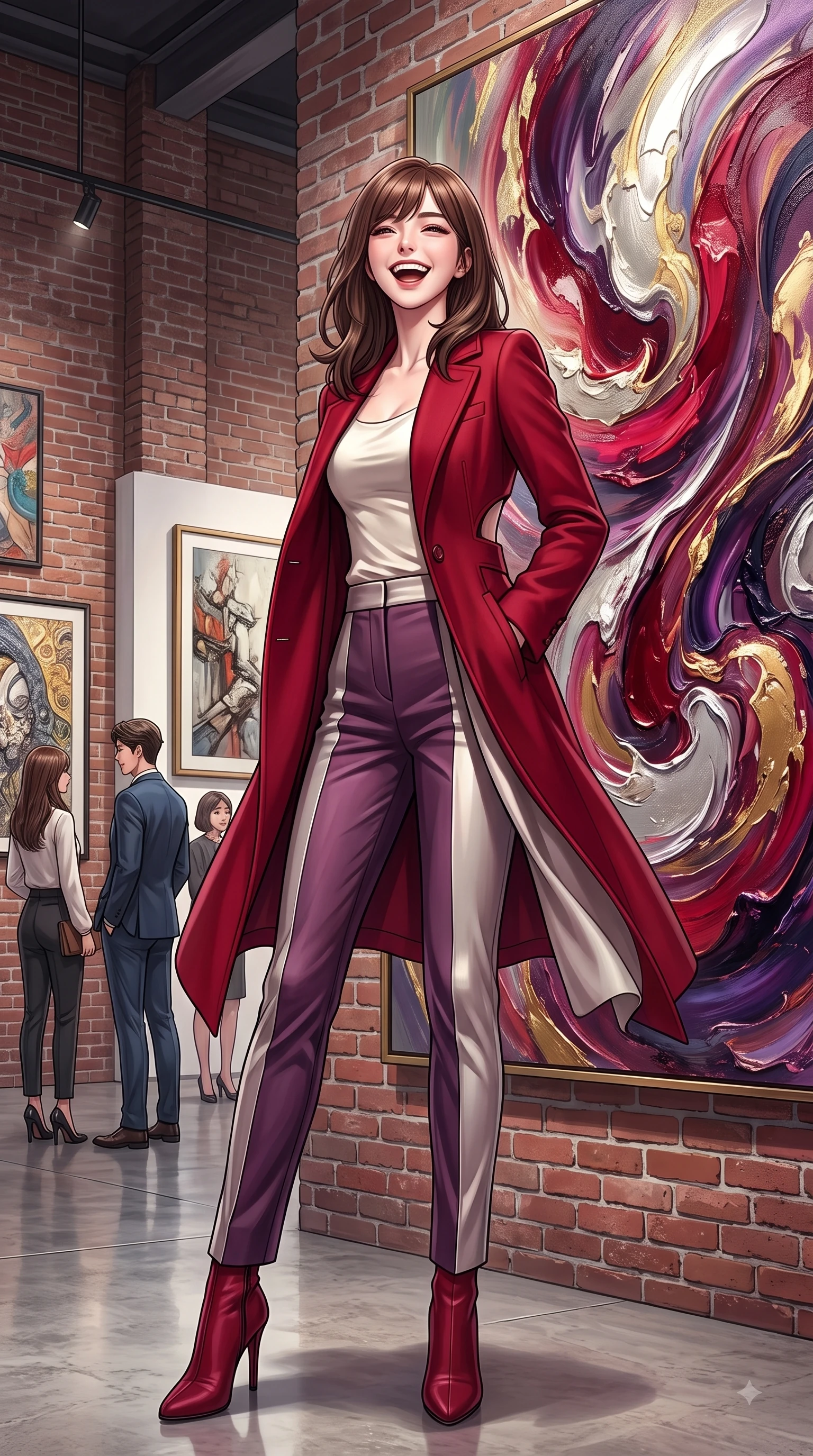 score_9, masterpiece, best quality, ultra-detailed, high-budget anime keyframe, editorial fashion photography, tasteful artistic composition, Korean woman. low angle full-body shot from head to toe showing her feet, filling the entire 9:16 vertical frame with her statuesque presence, stretching her vertical silhouette. Beaming joyful energy with a infectious laughter that brightens the entire composition while pausing dramatically near a large abstract oil painting with a magnetic editorial gaze. The surrounding environment is rendered in vivid detail and crisp panoramic clarity. raw exposed brick walls, polished concrete floors, and detailed gallery artwork in high clarity. She has an absolutely perfect, statuesque 8.5-heads proportion, an exceptionally tall and slender model-like female figure with impossibly long slender legs and an ultra-slim waist. sharp v-shaped jawline, high-bridge nose, intricate jewel-like eyes with depth, thick eyelashes, glossy lips with a natural sheen, flawlessly proportioned anatomical accuracy, natural body alignment, perfectly sculpted elegant limbs, clean dynamic posture without body distortion. wearing a tailored crimson red wool coat over a fitted ivory silk top and tailored trousers in rich plum violet and metallic platinum, woven from fine lightweight chiffon fluttering gracefully, complemented by clean architectural seams and subtle cutouts, the form-contouring material accentuating her ultra-slim waist and long lines. surrounded by a chic, intellectual, and artistic urban editorial atmosphere. highly saturated vibrant anime colors, detailed shading with soft gradients, rich glossy textures, high-contrast stereoscopic depth, volumetric dynamic lighting, master piece, 9:16 ratio
