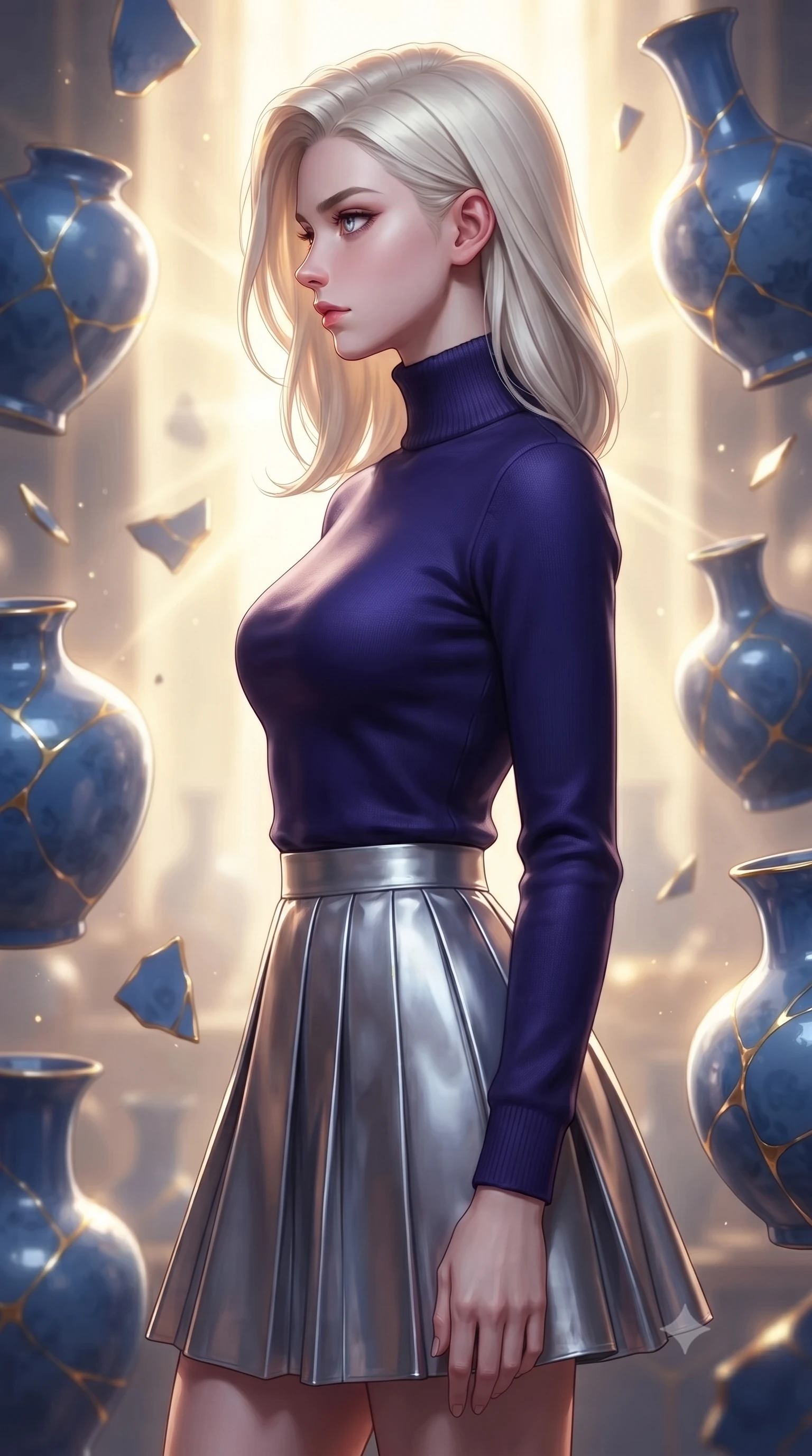 score_9, masterpiece, best quality, ultra-detailed, high-budget anime keyframe, editorial fashion photography, tasteful artistic composition, Caucasian woman woman. close-up cowboy shot from the waist and thighs up, the character dominates the composition, filling the frame with her large presence, background elements kept in soft focus. She has an exceptionally elegant, slender, and willowy female figure with an ultra-slim waist, a gracefully sculpted slender torso, and a refined silhouette. turning her head in a sharp dramatic profile against the key light, her eyes glowing with calm focus, flawlessly proportioned anatomical accuracy, natural body alignment, perfectly sculpted elegant limbs, clean dynamic posture without body distortion. set against a soft-focus background of a floating blue porcelain workshop with levitating kintsugi shards. wearing an elegant high-neck cashmere sweater with a pleated metallic silver A-line skirt. bathed in gold ethereal light radiating from gold cracks in floating ceramics with intense inner glow. ultra-reflective glossy finish, specular highlights, metallic sheen, high-contrast stereoscopic depth, volumetric dynamic lighting, 2k, ultra detail, master piece, 9:16 ratio