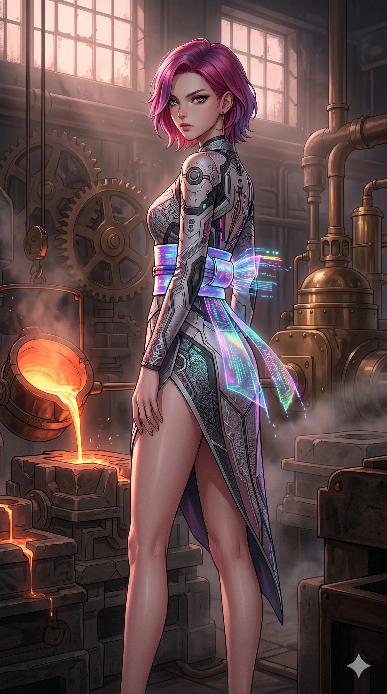 score_9, masterpiece, best quality, ultra-detailed, high-budget anime keyframe, editorial fashion photography, tasteful artistic composition, Caucasian woman, strictly human ears. cowboy shot from the thighs up, character and outfit filling the frame for maximum editorial presence. Looking over her shoulder with a sharp, piercing gaze that commands immediate respect within a steampunk foundry where molten copper is poured into stone molds. She has an absolutely perfect 8-heads proportion, an exceptionally tall and slender female figure with impossibly long slender legs and an ultra-slim waist. V-shaped jawline, high-bridge nose, intricate jewel-like eyes with depth, thick eyelashes, glossy lips with a natural sheen. wearing a modern cyber-hanbok dress with holographic obi belt and an asymmetric high-cut hemline. bathed in soft rose-gold dawn light filtering through volumetric fog that wraps her silhouette. 2k, ultra detail, master piece, 9:16 ratio