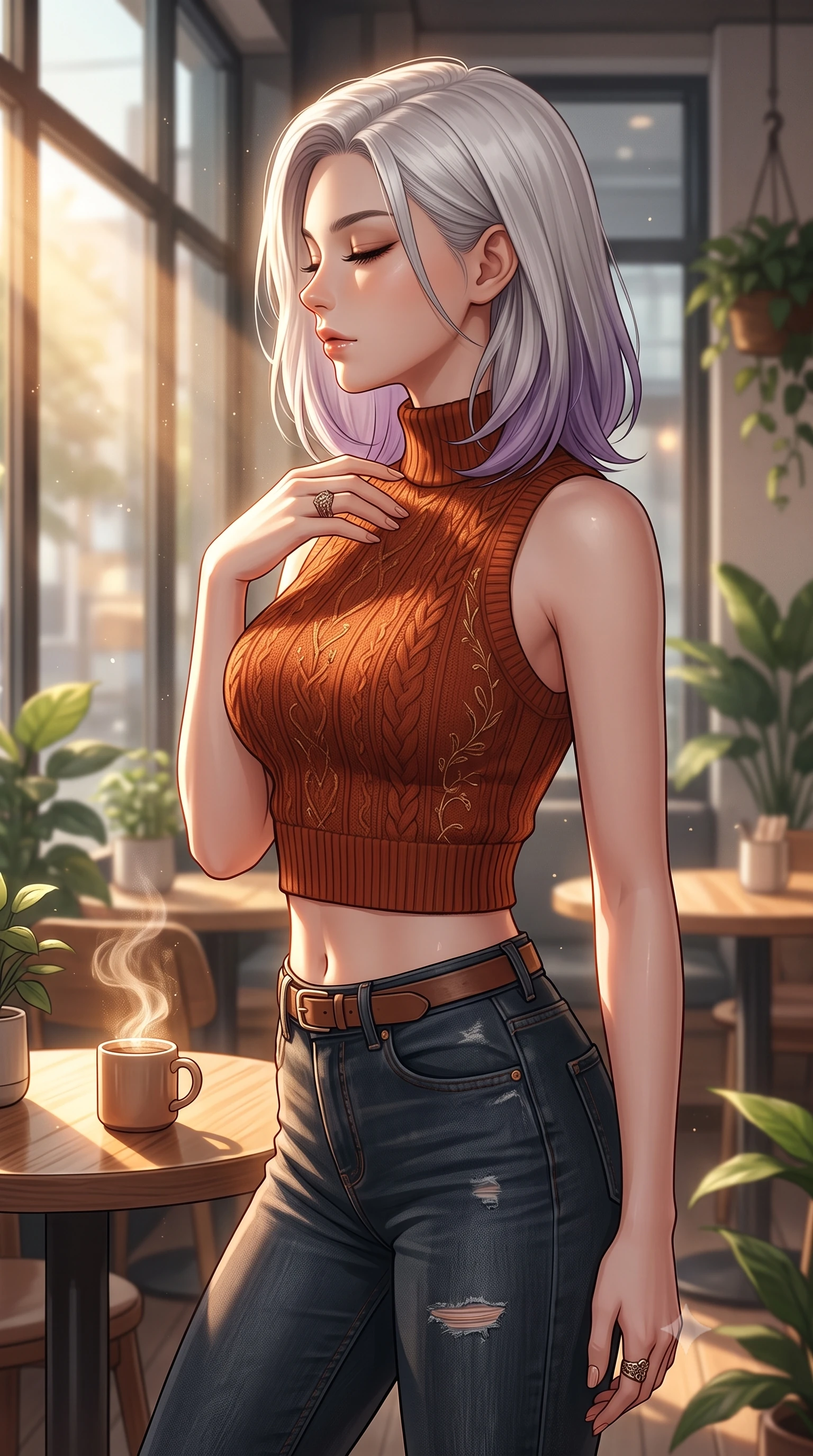score_9, masterpiece, best quality, ultra-detailed, high-budget anime keyframe, editorial fashion photography, tasteful artistic composition, Caucasian woman woman. close-up cowboy shot from the waist and thighs up, the character dominates the composition, filling the frame with her large presence, background elements kept in soft focus. turning her face in profile to catch the warm sunlight on her cheek, eyes softly closed the background shows a soft-focus a cozy corner of a modern café with large glass windows, wooden tables, and green houseplants. She has an exceptionally elegant, slender, and willowy female figure with an ultra-slim waist, a gracefully sculpted slender torso, and a refined silhouette. sharp v-shaped jawline, high-bridge nose, intricate jewel-like eyes with depth, thick eyelashes, glossy lips with a natural sheen. wearing a form-contouring body-hugging knit crop top in rust orange paired with high-waisted skinny jeans. warm morning sunbeams streaming through the window, highlighting coffee steam. 2k, ultra detail, master piece, 9:16 ratio