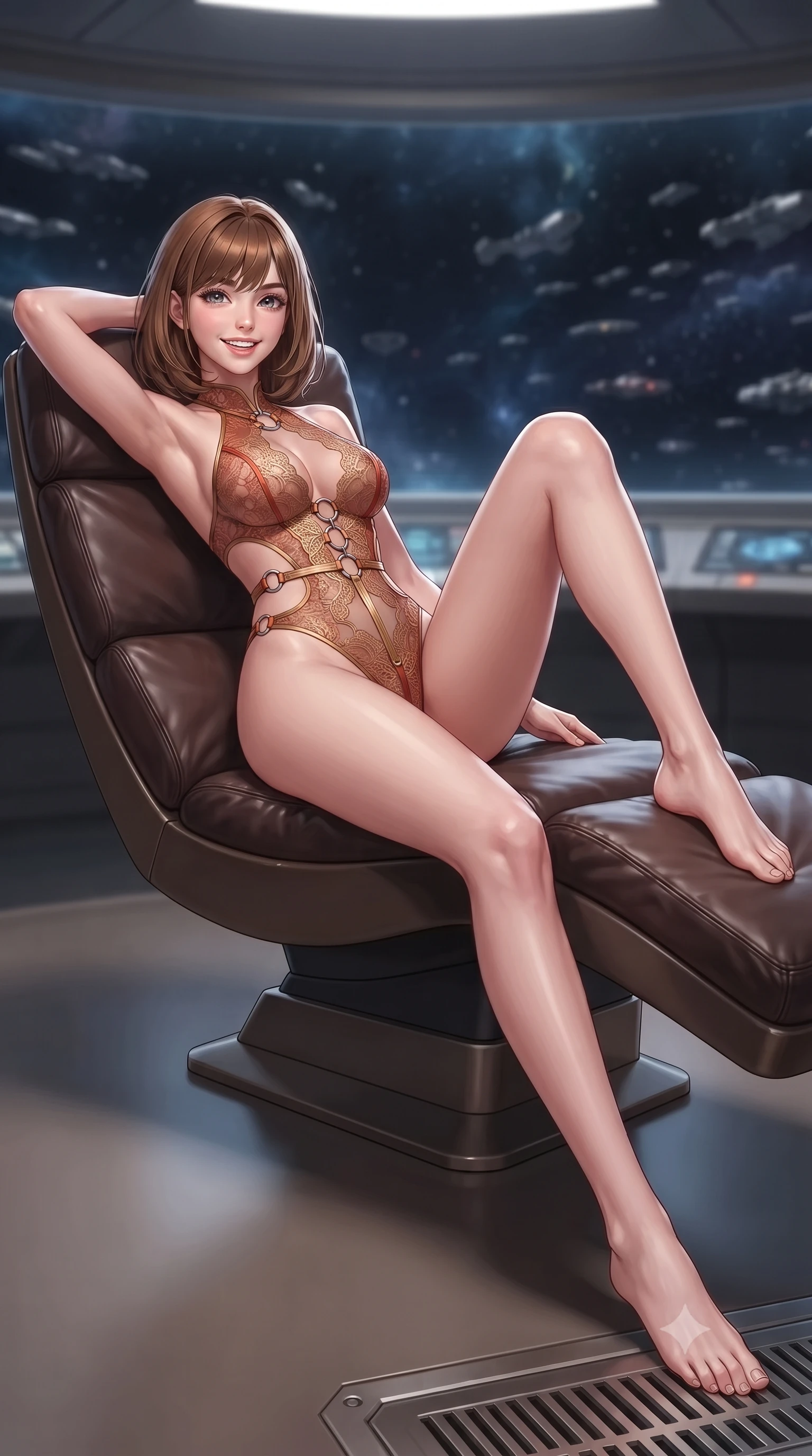 score_9, masterpiece, best quality, ultra-detailed, high-budget anime keyframe, editorial fashion photography, tasteful artistic composition, Caucasian woman. low angle full-body shot from head to toe showing her feet, filling the entire 9:16 vertical frame with her statuesque presence, stretching her vertical silhouette. reclining gracefully across the plush chaise lounge with one leg extended, her sculpted silhouette and flat midriff radiating magnetic nocturnal glamour while lounging gracefully across the ergonomic leather command chair propped on one elbow with legs extended, displaying her long slender limbs and statuesque hourglass silhouette against the cosmic fleet. The background shows a soft-focus faint pressurized cabin vapor softened in orbital flagship command bridge shallow focus. She has an exceptionally tall and slender model-like 8.5-heads proportion, an ultra-slim waist, a flat toned midriff, narrow delicate ribcage, and beautifully sculpted feminine hips creating a graceful, slim hourglass silhouette without any bulky heaviness, with impossibly long slender legs. sharp v-shaped jawline, high-bridge nose, intricate jewel-like sparkling eyes with depth, thick eyelashes, glossy parted lips with a natural peach sheen, bright cheerful beaming smile with an enchanting and coquettish sensual glint, exuding both youthful cute charm and seductive allure, flawlessly proportioned anatomical accuracy, strict slender model proportions, natural body alignment, perfectly sculpted long slender limbs, ultra-slim waistline, clean dynamic posture without body distortion. wearing an alluring backless sheer lace combat leotard with high-cut leg openings and delicate fiber-optic embroidery framing her spine in Martian desert terracotta and dust-storm gold, adorned with delicate chrome ring hardware and cutouts along her slender waist, finished with sleek magnetic buckle closures fluttering in the breeze, the precision-cut side openings and low-back scoop framing her graceful spine and the sensual sweep of her slim, toned hips. illuminated by Earth albedo reflection bounce and sharp ion-cyan rim lights sculpting her razor-sharp jawline, narrow waist, and curvy hips. ultra-reflective glossy finish, specular highlights, rich textural contrasts, high-contrast stereoscopic depth, volumetric dynamic lighting, 2k, ultra detail, master piece, 9:16 ratio
