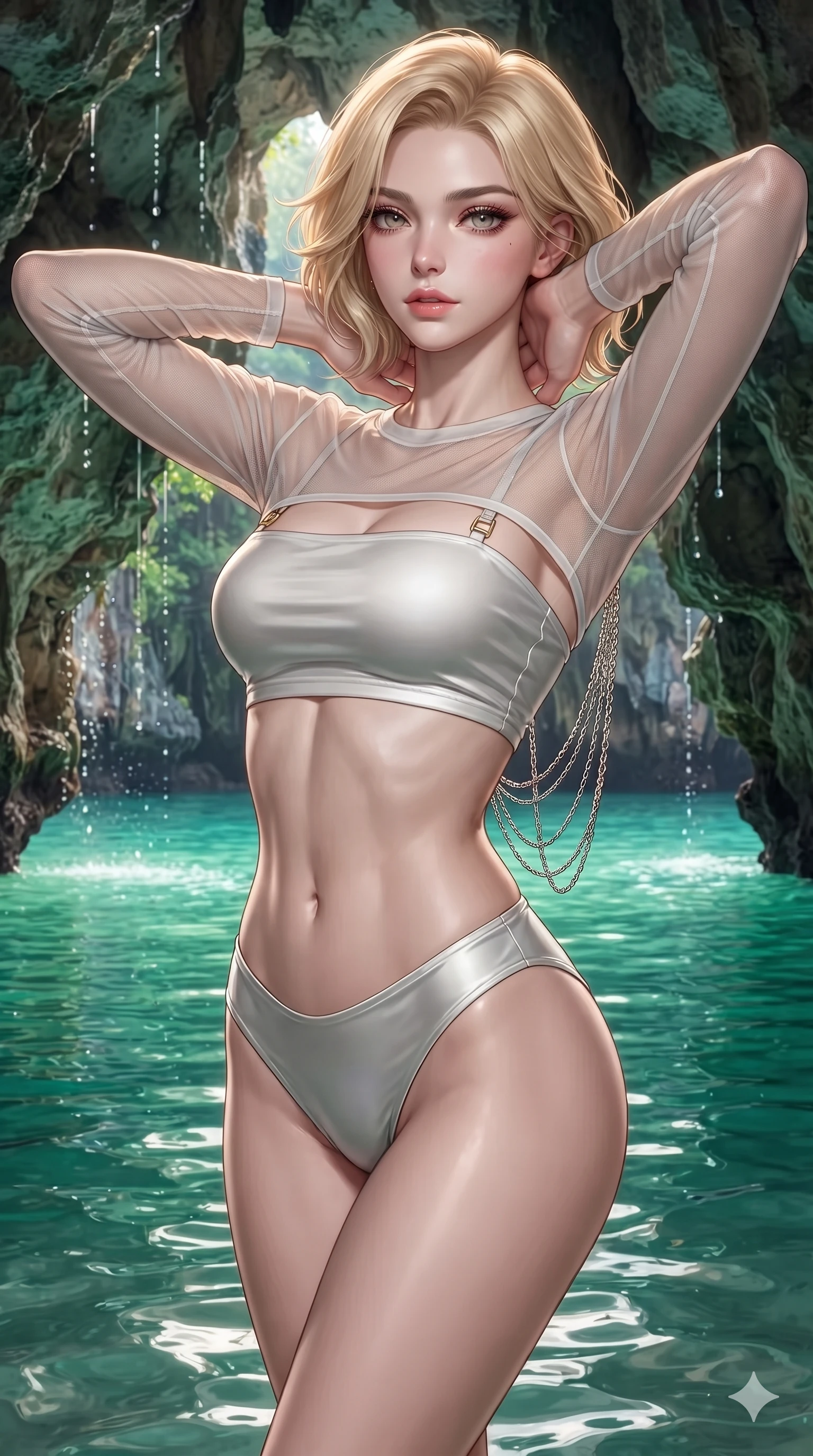 score_9, masterpiece, best quality, ultra-detailed, high-budget anime keyframe, editorial fashion photography, tasteful artistic composition, Caucasian woman. close-up cowboy shot from the waist and thighs up, the character dominates the composition, filling the frame with her large presence. resting both hands lightly behind her neck with elbows raised, arching her spine to highlight her narrow waist, flat midriff, and breathtaking collarbones while twisting her slender torso in an alluring contrapposto stance between sea-cave arches, shimmering jade ripples tracing her flat midriff and hips. The surrounding environment is rendered in vivid detail and crisp panoramic clarity: sharp water surface tension lines, porous limestone grotto rock textures, and crystalline droplet trails in deep focus. She has an exceptionally elegant, slender, and willowy female figure with an ultra-slim waist, flat toned midriff, narrow ribcage, and sculpted feminine hips creating an alluring, slim hourglass silhouette without bulk. sharp v-shaped jawline, high-bridge nose, sparkling eyes with hypnotic seductive depth, thick curled eyelashes, glossy parted lips with a natural dewy peach sheen, alluring bedroom-eyes with an enchanting coquettish smile, exuding magnetic siren charisma and sophisticated glamour, flawlessly proportioned anatomical accuracy, strict slender model proportions, natural body alignment, perfectly sculpted long slender limbs, ultra-slim waistline, clean dynamic posture without body distortion. wearing a sheer gossamer mesh long-sleeve rashguard crop top layered over an opaque strappy bandeau and low-waisted briefs in high-contrast coastal monochrome with gold hardware, tailored from smooth liquid silk satin that clings smoothly to her narrow waist and rounded hips with a dewy sheen, accented with an open-back drape framed by falling strands of delicate chrome chains, the impeccably tailored cut draping gracefully along her slender figure with aristocratic resort poise. illuminated by jade water bounce and sharp golden-emerald rim lights defining her razor-sharp jawline, narrow waist, and curvy hips. ultra-reflective glossy finish, specular highlights, rich textural contrasts, high-contrast stereoscopic depth, volumetric dynamic lighting, 2k, ultra detail, master piece, 9:16 ratio