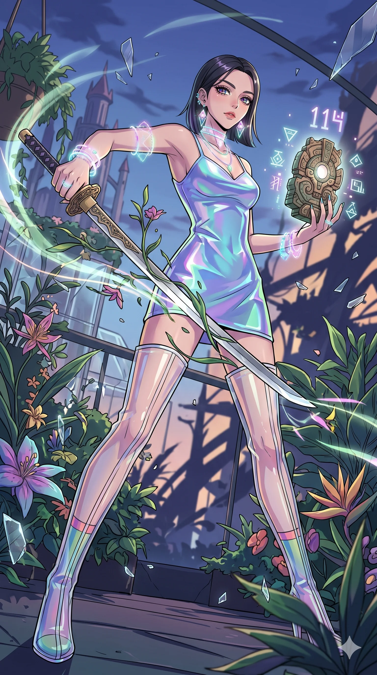 score_9, masterpiece, best quality, ultra-detailed, Set A: High-budget Anime Keyframe, Korean woman. Low angle cowboy shot filling the entire 9:16 frame with her statuesque presence. Drawing a blade through a floating botanical garden, holding a relic that pulses with the frequency 114 and surrounded by shattered glass fragments. She has an absolutely perfect 8-heads proportion, an exceptionally tall and slender female figure with impossibly long slender legs and an ultra-slim waist. Sharp v-shaped jawline, high-bridge nose, intricate jewel-like eyes with depth, thick eyelashes, glossy lips with a natural sheen. Wearing Holographic vinyl mini-dress with transparent PVC boots and glowing jewelry. Cinematic lighting, vibrant colors, dramatic shadows, 2k, ultra detail, master piece, 9:16 ratio