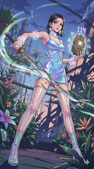 score_9, masterpiece, best quality, ultra-detailed, Set A: High-budget Anime Keyframe, Korean woman. Low angle cowboy shot filling the entire 9:16 frame with her statuesque presence. Drawing a blade through a floating botanical garden, holding a reli
