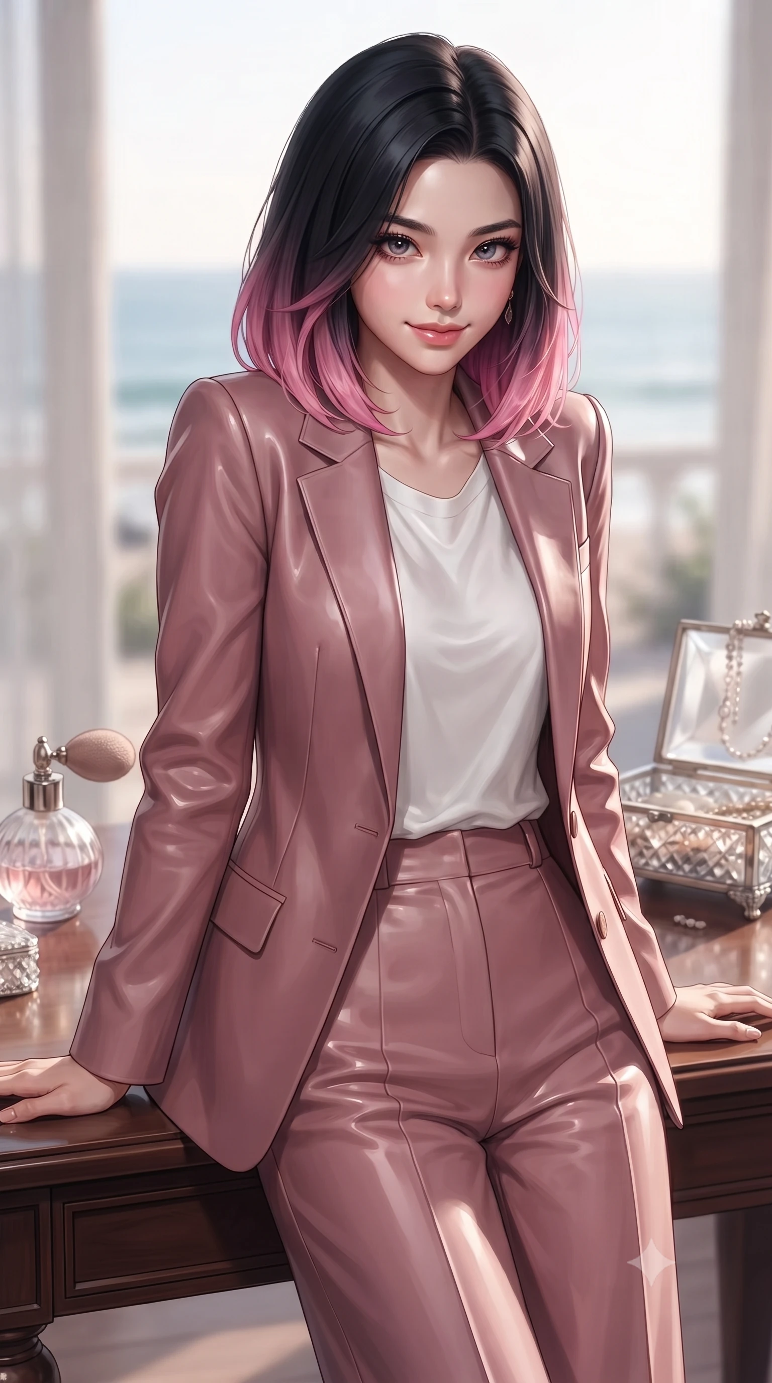 score_9, masterpiece, best quality, ultra-detailed, high-budget anime keyframe, editorial fashion photography, tasteful artistic composition, Korean woman. close-up cowboy shot from the waist and thighs up, the character dominates the composition, filling the frame with her large presence, background elements kept in soft focus. leaning slightly forward over the table with a playful, magnetic smile that locks direct eye contact set against a soft-focus background of inside an exclusive coastal veranda with a vintage perfume atomizer and crystal jewelry box reflecting soft light. She has an exceptionally elegant, slender, and willowy female figure with an ultra-slim waist, a gracefully sculpted slender torso, and a refined silhouette. sharp v-shaped jawline, high-bridge nose, intricate jewel-like eyes with depth, thick eyelashes, glossy lips with a natural sheen. wearing form-contouring dusty rose glossy leather tailored casual blazer paired with a loose tee and wide-leg trousers featuring refined tailored seams. accented by a single dramatic key light highlighting her statuesque posture and slim waist. highly saturated vibrant anime colors, detailed shading with soft gradients, rich glossy textures, high-contrast stereoscopic depth, volumetric dynamic lighting, master piece, 9:16 ratio