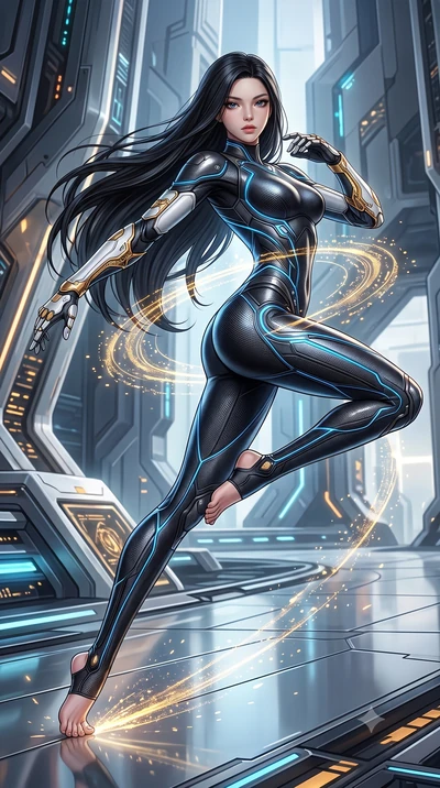 score_9, masterpiece, best quality, ultra-detailed, high-budget anime keyframe, semi-realistic 3D game render, editorial fashion photography, tasteful artistic composition, Korean woman. low angle full-body shot from head to toe showing her feet, fil
