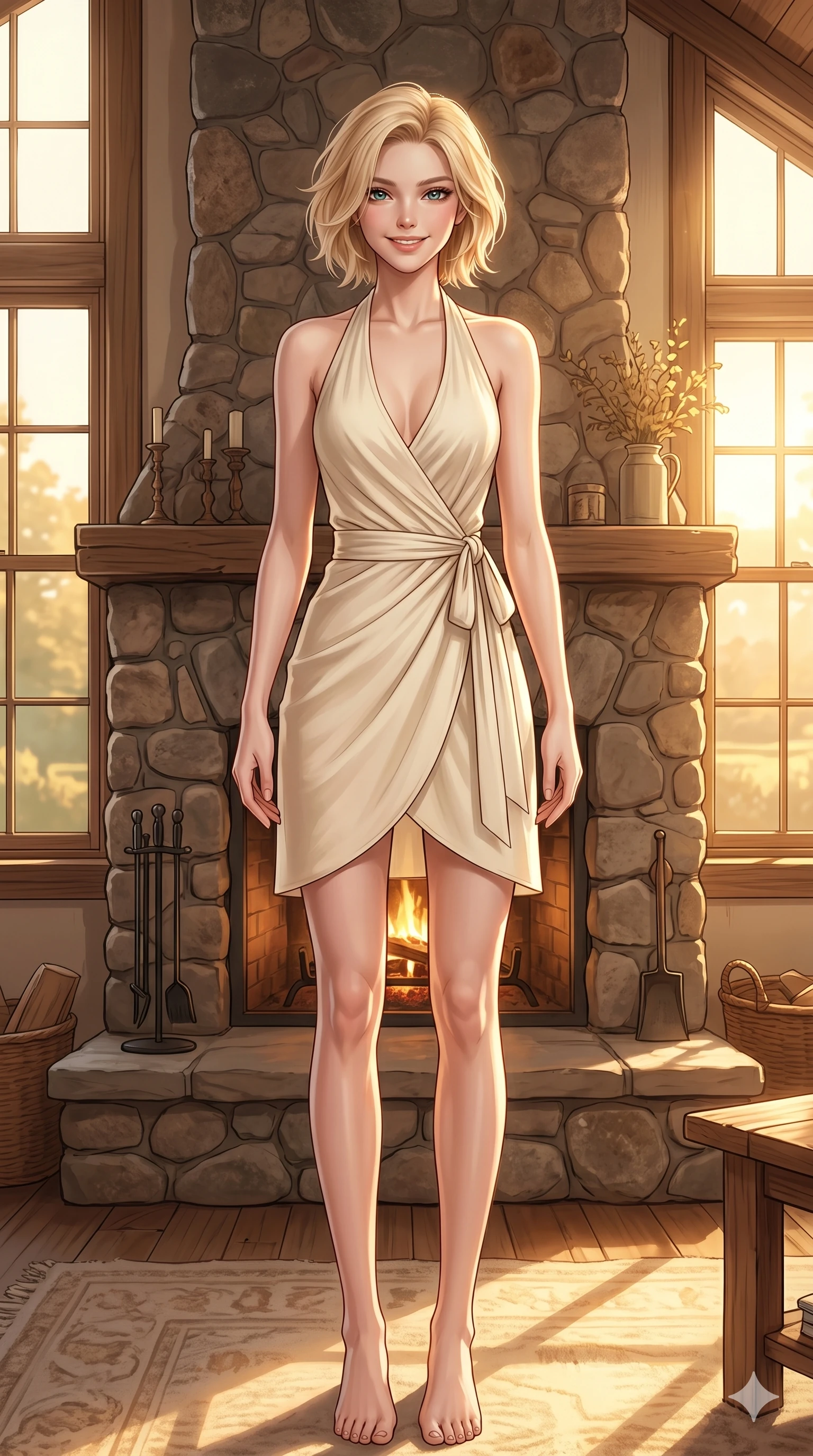 score_9, masterpiece, best quality, ultra-detailed, high-budget anime keyframe, editorial fashion photography, tasteful artistic composition, Caucasian woman, strictly human ears. cowboy shot from the thighs up, character and outfit filling the frame for maximum editorial presence. smiling warmly with a serene and joyful expression, looking directly at the camera standing by a rustic fireplace in a sun-drenched countryside living room. She has an absolutely perfect 8-heads proportion, an exceptionally tall and slender female figure with impossibly long slender legs and an ultra-slim waist. V-shaped jawline, high-bridge nose, intricate jewel-like eyes with depth, thick eyelashes, glossy lips with a natural sheen. wearing a cream-colored wrap dress with a graceful halter neck and bare shoulders. drenched in warm golden hour light pouring through the large window panes. 2k, ultra detail, master piece, 9:16 ratio