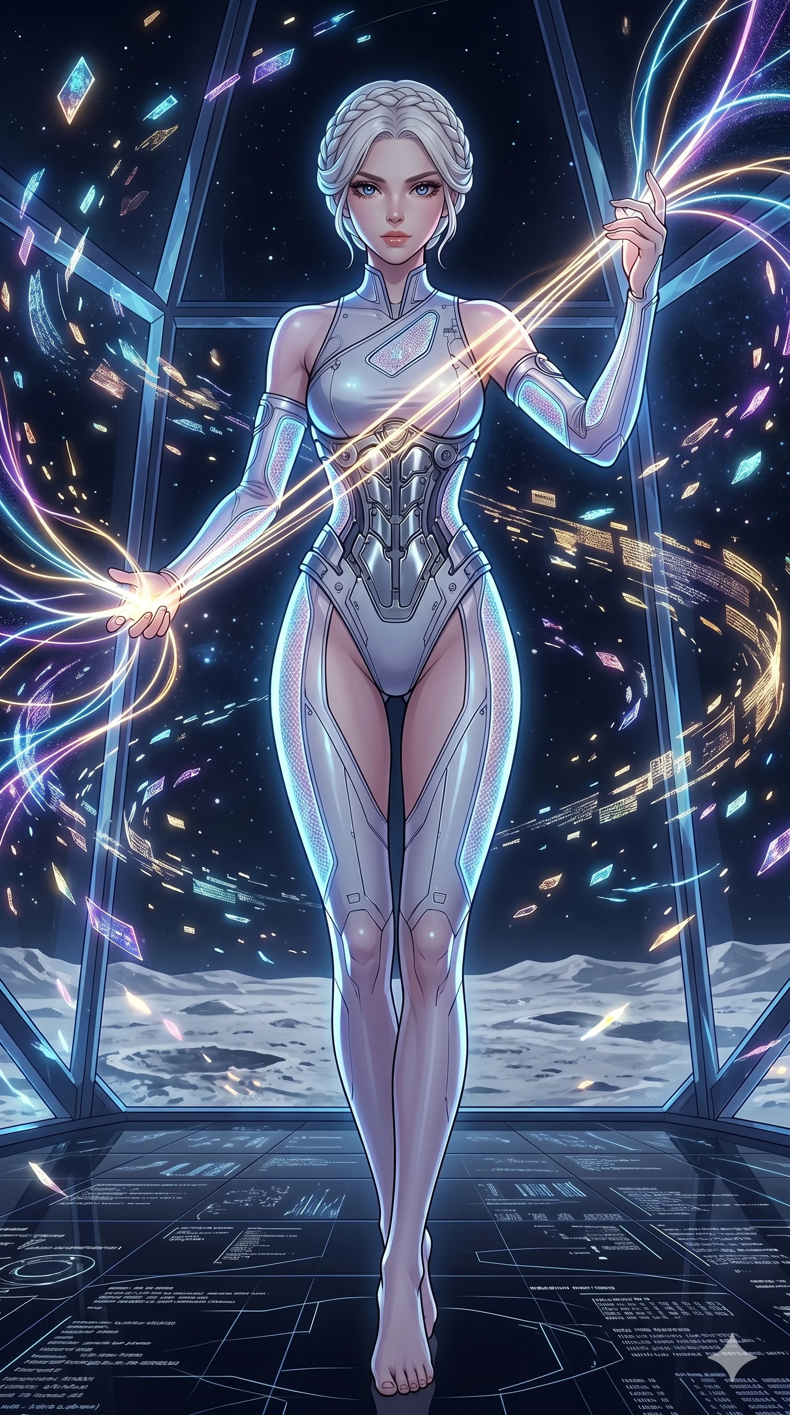 score_9, masterpiece, best quality, ultra-detailed, high-budget anime movie keyframe, cinematic anime lighting, intricate line art, Japanese anime girl. Low angle cowboy shot filling the entire 9:16 frame with her statuesque presence. weaving threads of light in a lunar observatory surrounded by floating data-shards. She has an absolutely perfect 8-heads proportion, an exceptionally tall and slender female figure with an ultra-slim waist and impossibly long slender legs. sharp v-shaped jawline, high-bridge nose, intricate jewel-like eyes, thick eyelashes, glossy lips. Wearing asymmetrical high-cut tech-bodysuit with detached glowing sleeves, chrome-plated mechanical corset, and bioluminescent mesh panels clinging to her slender figure. The scene is illuminated by dramatic atmospheric lighting and vibrant color palettes. 2k, ultra detail, master piece, 9:16 ratio