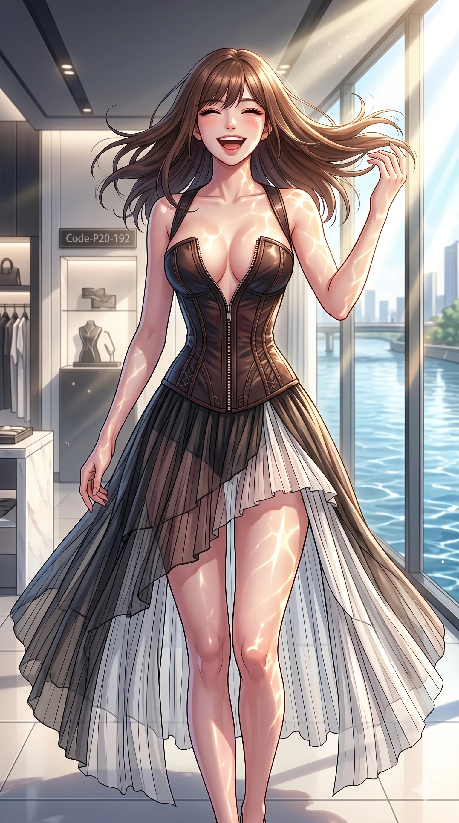score_9, masterpiece, best quality, ultra-detailed, high-budget anime keyframe, vibrant anime aesthetic, Korean woman. cowboy shot from the thighs up, character and outfit filling the frame for maximum presence. She is posing with a delightful grin, tossing her hair back with a happy laugh inside a chic showroom under morning sun (Code-P20-192). She has an absolutely perfect 8-heads proportion, an exceptionally tall and slender female figure with impossibly long slender legs and an ultra-slim waist. V-shaped jawline, high-bridge nose, intricate jewel-like eyes with depth, thick eyelashes, glossy lips with a natural sheen. wearing a custom corset unzipped deeply to reveal her chest, paired with a sheer skirt. She is bathed in glowing sunlight that reflects off the river water, dancing across her skin. 2k, ultra detail, master piece, 9:16 ratio