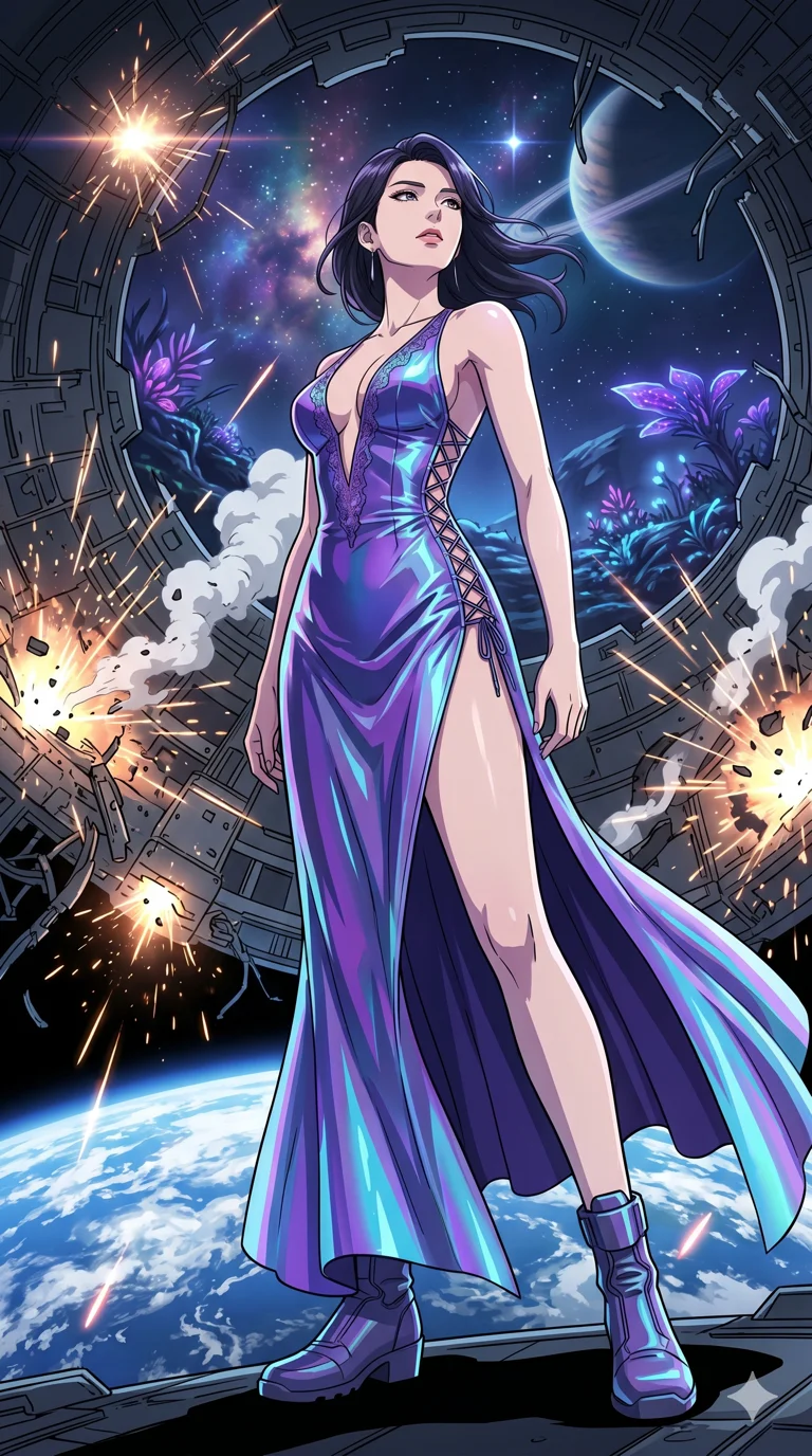 score_9, masterpiece, best quality, ultra-detailed, High-budget Anime Keyframe, vibrant colors, fluid line-art, expressive lighting, cinematic composition, Ufotable-style visual effects, top-tier animation quality, Korean woman with idol-like refined features. Low angle cowboy shot filling the entire 9:16 frame with her statuesque presence, looking up to emphasize her height. Escaping a crumbling orbital space station amidst falling debris and venting atmosphere, the earth visible as a beautiful blue marble below. She has an absolutely perfect 8-heads proportion, an exceptionally tall and slender female figure with impossibly long slender legs and an ultra-slim waist, her statuesque height and towering silhouette dominating the vertical 9:16 frame. Her face is a masterpiece featuring a sharp v-shaped jawline, high-bridge nose, intricate jewel-like eyes with depth, thick eyelashes, and glossy lips with a natural sheen. She is wearing a Holographic lace evening gown with a dangerously high slit and a plunging neckline crafted from Iridescent vinyl with a futuristic sheen that shifts between violet and cyan, featuring a deep plunging neckline and delicate lace-up side details. The scene is set in a mysterious alien planet with bioluminescent purple flora and a giant ringed planet in the sky, illuminated by flickering starlight and nebula glow providing a mystical and vast ambiance. 2k, ultra detail, master piece, 9:16 ratio