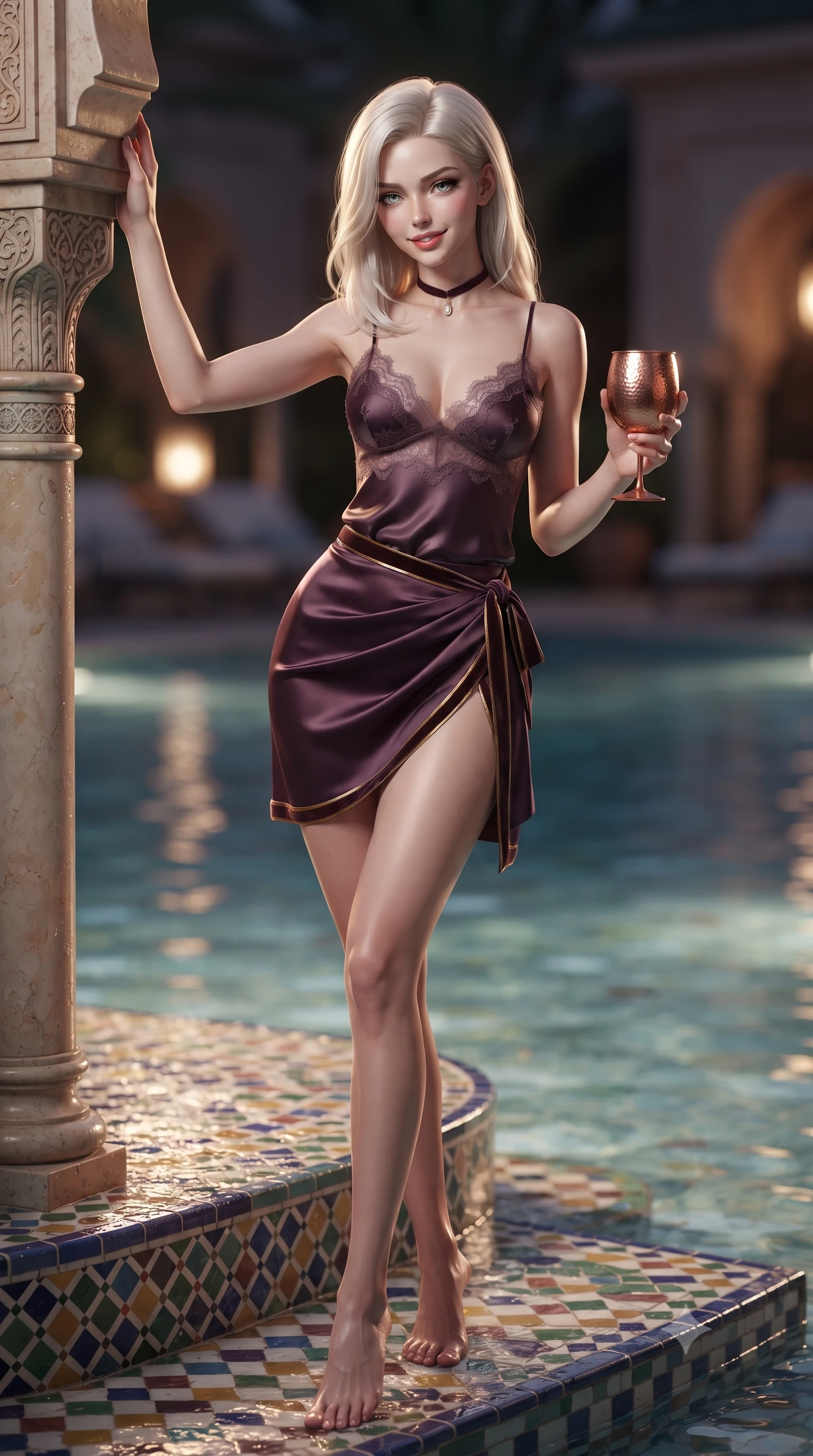 score_9, masterpiece, best quality, ultra-detailed, high-budget anime keyframe, editorial fashion photography, tasteful artistic composition, Caucasian woman. low angle full-body shot from head to toe showing her feet, filling the entire 9:16 vertical frame with her statuesque presence, stretching her vertical silhouette. standing tall beside the architectural column, one hand resting high while arching her lower back to emphasize her sculpted feminine hips and slender waist while sitting perched on the zellij-tiled pool steps with water lapping at her thighs, holding a hammered copper goblet with effortless coquettish cool. The background shows a soft-focus shallow pool water reflections softened in exotic nocturnal resort shallow focus. She has an absolutely perfect, statuesque 8.5-heads proportion, an exceptionally tall and slender model-like female figure with impossibly long slender legs, an ultra-slim waist, a flat toned midriff, narrow delicate ribcage, and beautifully sculpted feminine hips creating a graceful, slim hourglass silhouette without any bulky heaviness. sharp v-shaped jawline, high-bridge nose, sparkling eyes with hypnotic seductive depth, thick curled eyelashes, glossy parted lips with a natural dewy peach sheen, alluring bedroom-eyes with an enchanting coquettish smile, exuding magnetic siren charisma and sophisticated glamour, flawlessly proportioned anatomical accuracy, strict slender model proportions, natural body alignment, perfectly sculpted long slender limbs, ultra-slim waistline, clean dynamic posture without body distortion. wearing a delicate lace-trimmed silk camisole paired with a draped satin wrap sarong mini skirt with high side slit in rich dark plum violet and gilded bronze, tailored from ultra-plush velvet with rich tactile depth and deep shadow gradients, finished with a thin velvet ribbon choker and a single teardrop diamond pendant, the high-slit wrap tailoring accentuating her ultra-slim waistline and the enchanting curve of her feminine hips with alluring seductive charm. illuminated by shallow pool reflection fill and sharp warm-gold rim lights sculpting her delicate clavicles, ultra-slim waist, and curvy hips. ultra-reflective glossy finish, specular highlights, rich textural contrasts, high-contrast stereoscopic depth, volumetric dynamic lighting, 2k, ultra detail, master piece, 9:16 ratio
