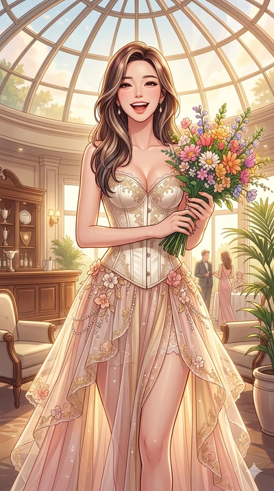 score_9, masterpiece, best quality, ultra-detailed, high-budget anime keyframe, vibrant anime aesthetic, Korean woman. cowboy shot from the thighs up, character and outfit filling the frame for maximum presence. She is posing with a cheerful laugh wh