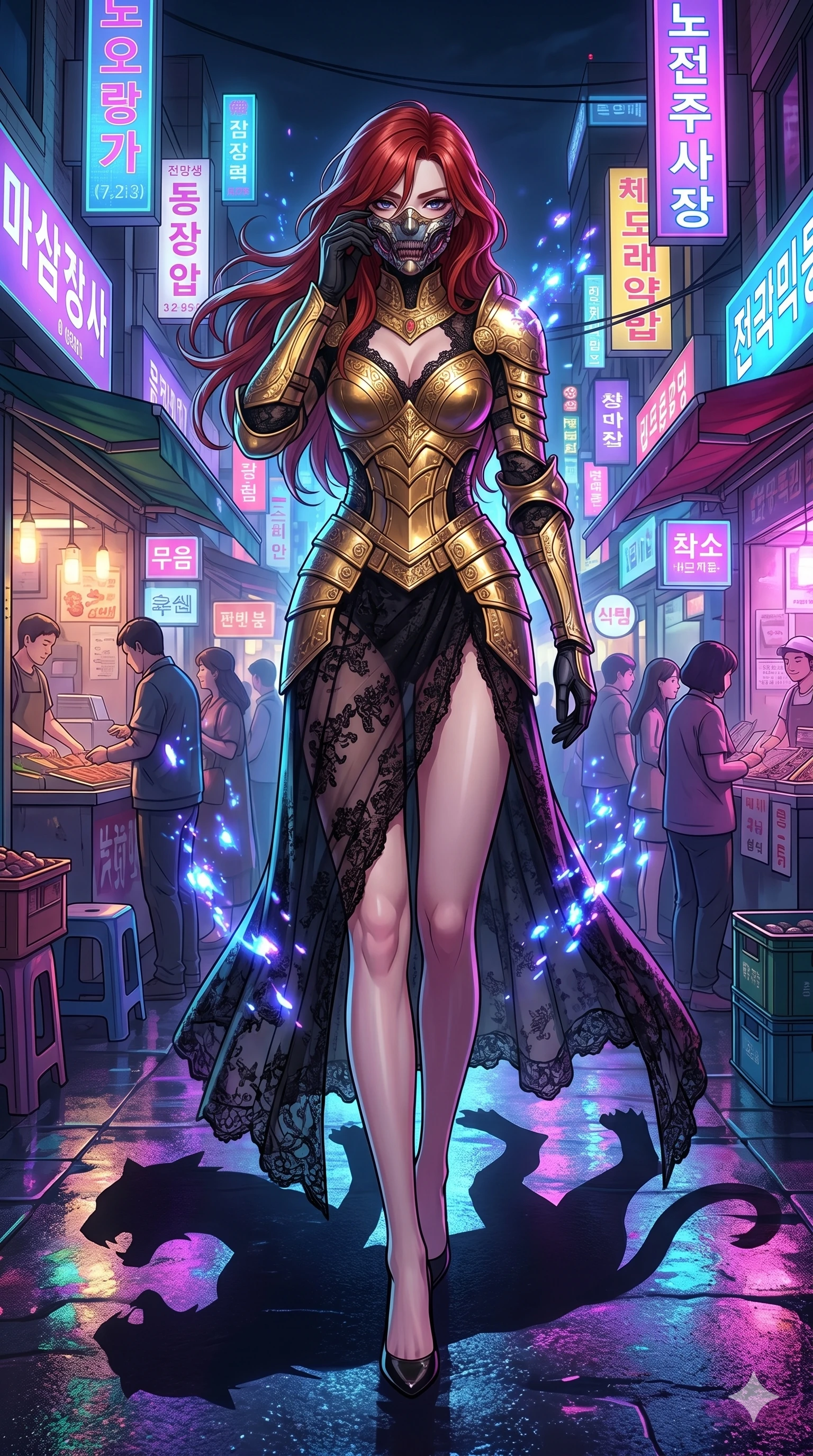 score_9, masterpiece, best quality, ultra-detailed, Set A: High-budget Anime Keyframe, Korean woman. Low angle cowboy shot filling the entire 9:16 frame with her statuesque presence. Adjusting a mask through a neon-lit Neo-Seoul market, while her shadow mimics the movements of a predator 205 and surrounded by glowing energy sparks. She has an absolutely perfect 8-heads proportion, an exceptionally tall and slender female figure with impossibly long slender legs and an ultra-slim waist. Sharp v-shaped jawline, high-bridge nose, intricate jewel-like eyes with depth, thick eyelashes, glossy lips with a natural sheen. Wearing Ornate gold plate armor over a sheer black lace gown with a high-slit. Cinematic lighting, vibrant colors, dramatic shadows, 2k, ultra detail, master piece, 9:16 ratio