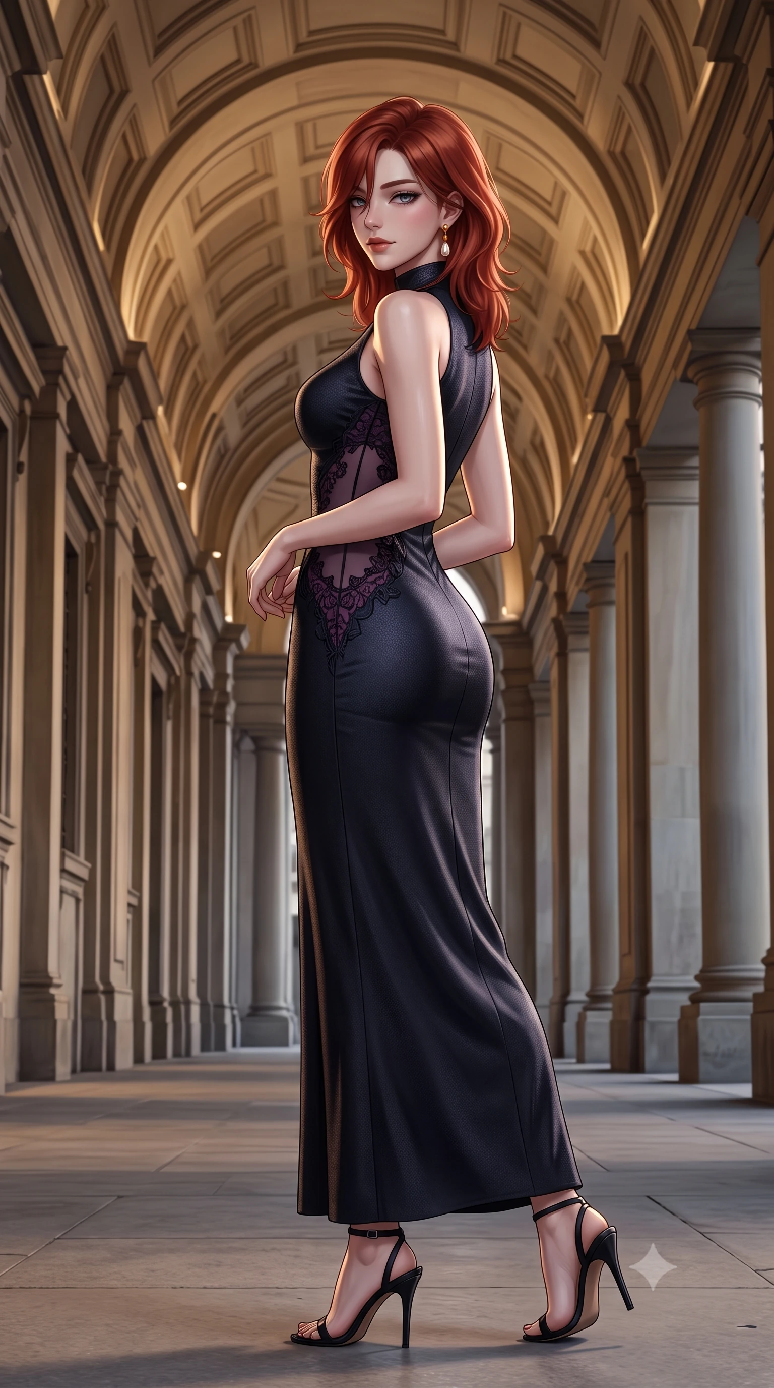 score_9, masterpiece, best quality, ultra-detailed, high-budget anime keyframe, editorial fashion photography, tasteful artistic composition, Korean woman. low angle full-body shot from head to toe showing her feet, filling the entire 9:16 vertical frame with her statuesque presence, stretching her vertical silhouette. executing a slow, elegant turn as her liquid gown flutters around her slender legs, glancing over her shoulder with an intoxicating, seductive bedroom-gaze while twisting her slender torso in an alluring contrapposto stance, her dark tailored gown clinging to her narrow waist and rounded feminine hips. The surrounding environment is rendered in vivid detail and crisp panoramic clarity. detailed evening wear fabric sheen, diamond jewelry sparkle, and monumental Italian arcade architecture in high resolution. She has an exceptionally tall and slender model-like 8.5-heads proportion, an ultra-slim waist, a flat toned midriff, narrow delicate ribcage, and beautifully sculpted feminine hips creating a graceful, slim hourglass silhouette without any bulky heaviness, with impossibly long slender legs. sharp v-shaped jawline, high-bridge nose, intricate jewel-like dark sparkling eyes with dangerous depth, thick curled eyelashes, glossy parted lips with a rich wine sheen, smoldering seductive half-smile with bedroom-eyes, exuding effortless superiority and intoxicating dark allure, flawlessly proportioned anatomical accuracy, strict slender model proportions, natural body alignment, perfectly sculpted long slender limbs, ultra-slim waistline, clean dynamic posture without body distortion. wearing a high-neck sleeveless bodycon dress in textured matte obsidian with side-torso semi-sheer mesh inserts in rich plum violet and deep onyx black, crafted from sheer delicate Chantilly lace with intricate gothic floral motifs, accented with a single dangling baroque pearl earring reflecting the amber glow, the glove-like silhouette tightly following the natural contour of her hips and long slender legs with youthful 8.5-heads elegance. illuminated by crisp champagne gold rim lighting and sharp architectural downlights sculpting her razor-sharp jawline, narrow waist, and curvy hips. ultra-reflective glossy finish, specular highlights, rich textural contrasts, high-contrast stereoscopic depth, volumetric dynamic lighting, 2k, ultra detail, master piece, 9:16 ratio