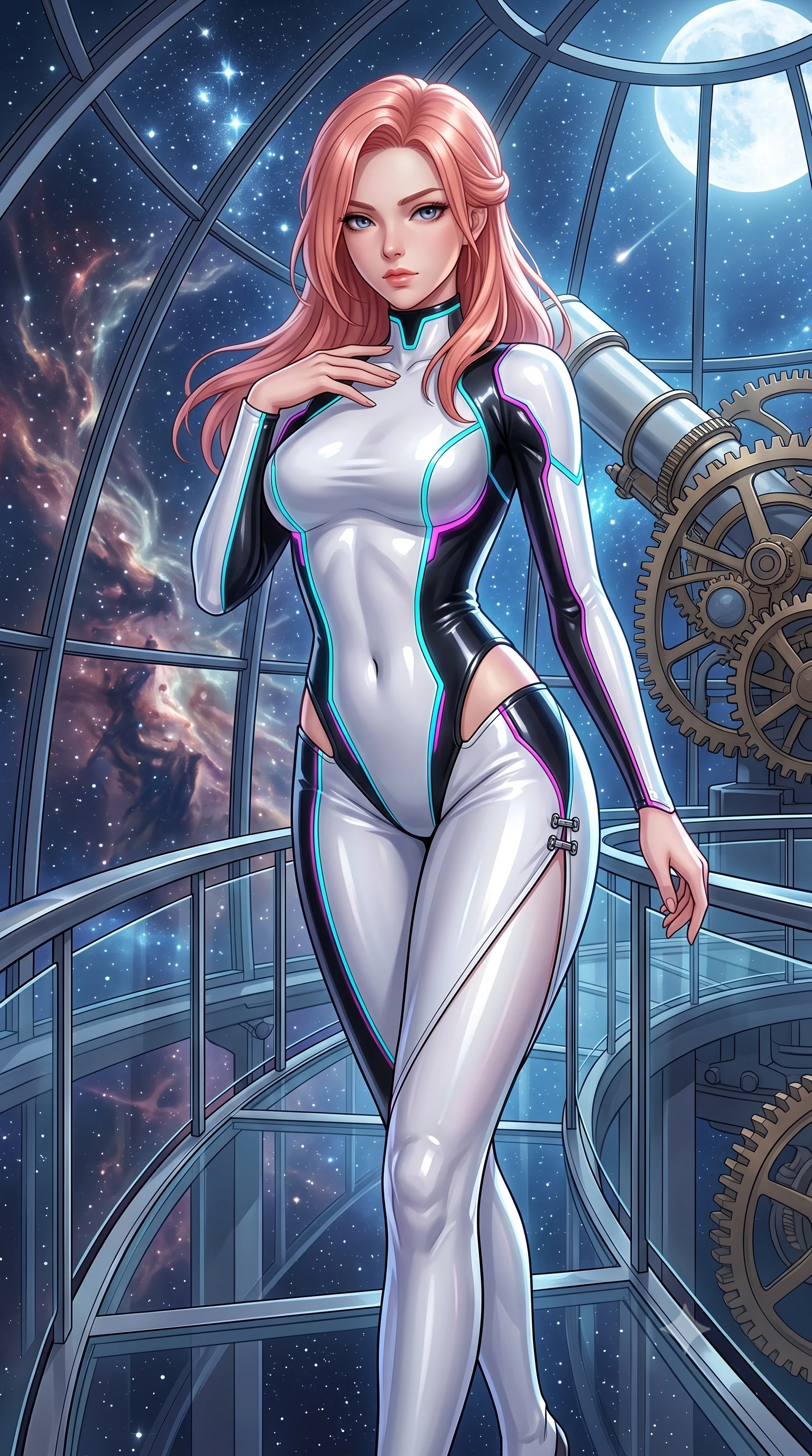 score_9, masterpiece, best quality, ultra-detailed, high-budget anime keyframe, semi-realistic 3D game render, editorial fashion photography, tasteful artistic composition, Japanese woman. close-up cowboy shot from the waist and thighs up, the character dominates the composition, filling the frame with her large presence. leaning forward with a dangerous, enticing smolder, resting one hand near her collarbone while casting a fiery, magnetic direct gaze while stepping along a curved mezzanine walkway under a soaring glass dome catching brilliant starlight and moonlight. The surrounding environment is rendered in vivid detail and crisp panoramic clarity. sharp glass dome framing, detailed telescope gears, and cosmic nebula filaments in high clarity. She has an exceptionally elegant, slender, and willowy female figure with an ultra-slim waist, a gracefully sculpted slender torso, toned flat midriff, and a refined slim silhouette. sharp v-shaped jawline, high-bridge nose, intricate jewel-like eyes with depth, thick eyelashes, glossy lips with a natural sheen, flawlessly proportioned anatomical accuracy, strict slender model proportions, natural body alignment, perfectly sculpted long slender limbs, ultra-slim waistline, clean dynamic posture without body distortion. wearing a skin-tight cybernetic bodysuit with glowing neon seams, deep hip cutouts, and an aerodynamic athletic fit in high-gloss monochrome white and sharp black contrast, formed from high-gloss patent material with specular light reflections, finished with an ultra-high side slit secured by miniature magnetic clasps, the form-contouring material adhering flawlessly to her sculpted flat midriff and slender torso, emphasizing her long leg lines and perfectly proportioned willowy build. surrounded by an intellectual, noble, and enchantingly seductive celestial royalty aura. highly saturated vibrant anime colors, detailed shading with soft gradients, rich glossy textures, high-contrast stereoscopic depth, volumetric dynamic lighting, master piece, 9:16 ratio