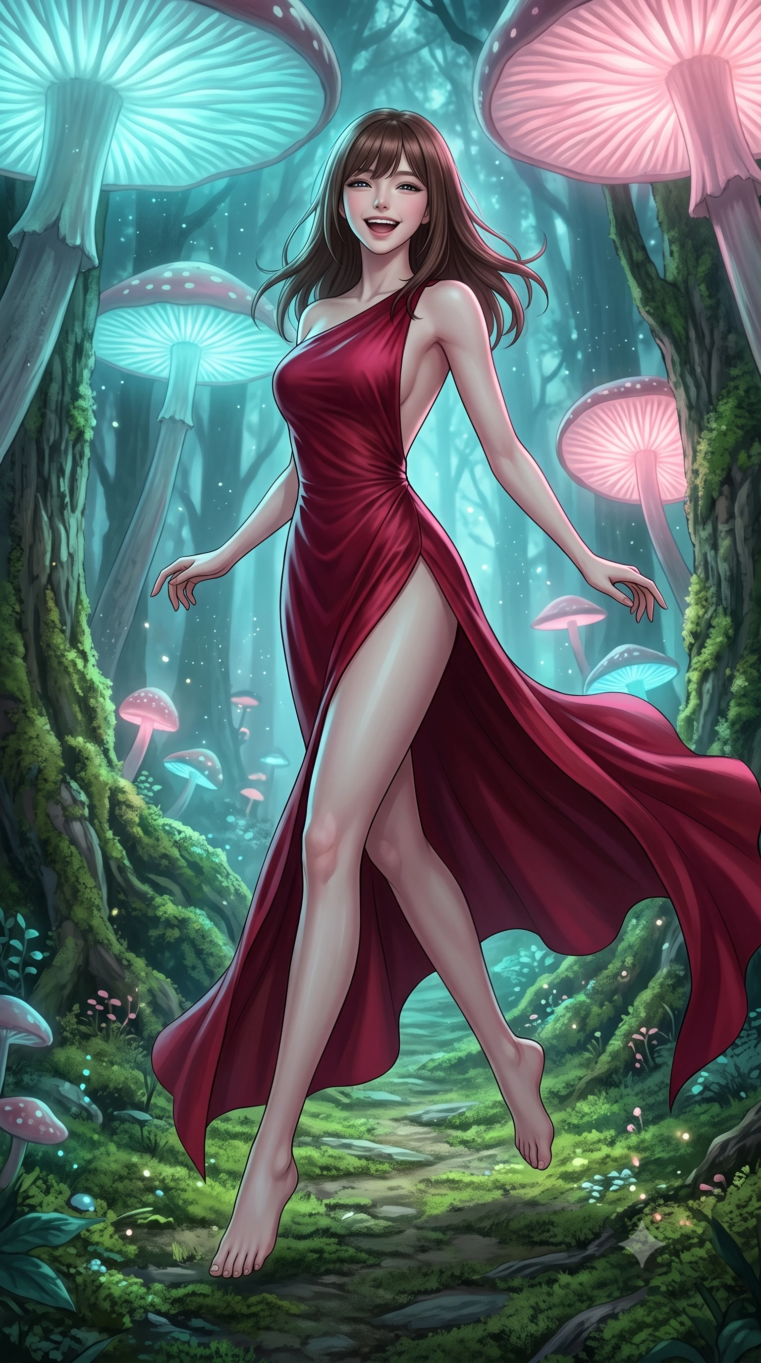 score_9, masterpiece, best quality, ultra-detailed, high-budget anime keyframe, editorial fashion photography, tasteful artistic composition, Korean woman. low angle full-body shot from head to toe showing her feet, filling the entire 9:16 vertical frame with her statuesque presence, stretching her vertical silhouette. leaping gracefully with a bright, joyful laugh through walking along a mossy path in an ancient forest under a canopy of giant bioluminescent glowing mushrooms that emit soft cyan and pink light. She has a statuesque 8.5-heads proportion, an exceptionally tall, slender and willowy model-like build with impossibly long legs and a highly sculpted ultra-slim waist. sharp v-shaped jawline, high-bridge nose, intricate jewel-like eyes with depth, thick eyelashes, glossy lips with a natural sheen. wearing a high-slit evening gown in deep crimson silk, featuring an asymmetric one-shoulder design and a bare back. cool cyan and soft pink lights from the mushrooms, wrapping the forest floor in a magical glowing ambiance. 2k, ultra detail, master piece, 9:16 ratio
