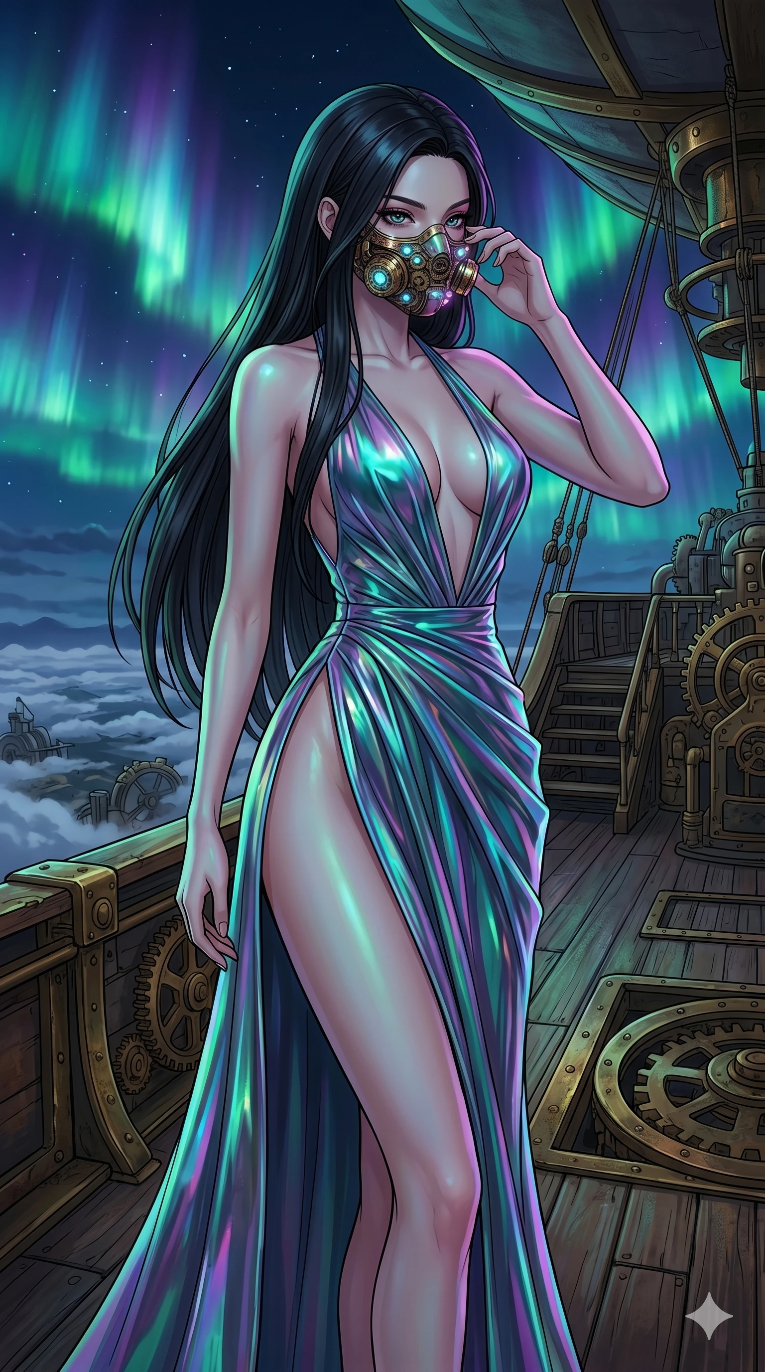 score_9, masterpiece, best quality, ultra-detailed, high-budget anime movie keyframe, cinematic anime lighting, intricate line art, Japanese woman. Medium shot of upper body capturing the intricate details of her high-fashion attire. adjusting a glowing mask in a steampunk airship deck amidst aurora borealis. She has an absolutely perfect 8-heads proportion, an exceptionally tall and slender female figure with an ultra-slim waist and impossibly long slender legs. sharp v-shaped jawline, high-bridge nose, intricate jewel-like eyes, thick eyelashes, glossy lips. Wearing avant-garde high-fashion gown made of iridescent vinyl with a dangerously high side slit and a plunging neckline, revealing an ultra-slim waist and long slender legs. The scene is illuminated by dramatic atmospheric lighting and vibrant color palettes. , 2k, ultra detail, master piece, 9:16 ratio