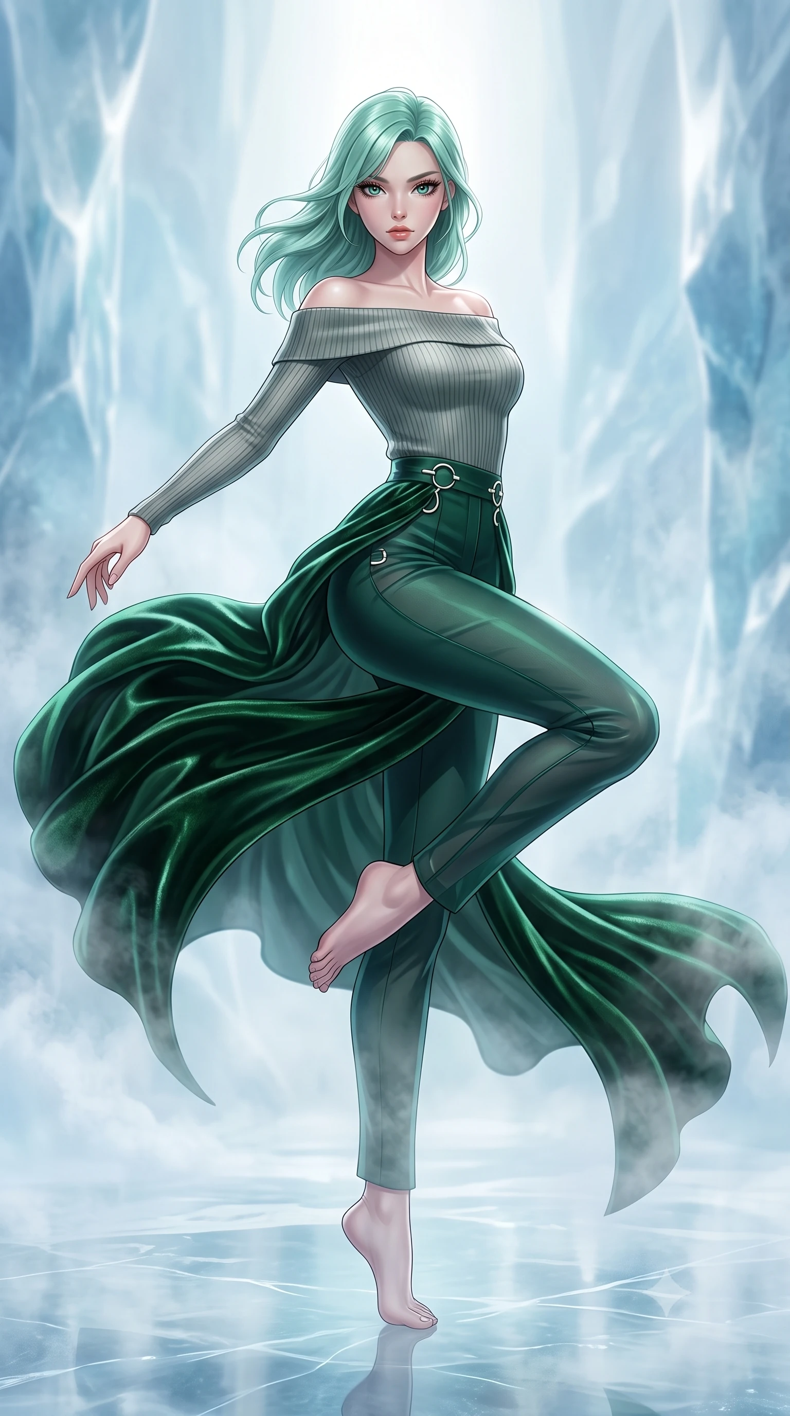 score_9, masterpiece, best quality, ultra-detailed, high-budget anime keyframe, editorial fashion photography, tasteful artistic composition, Japanese woman. low angle full-body shot from head to toe showing her feet, filling the entire 9:16 vertical frame with her statuesque presence, stretching her vertical silhouette. performing an athletic mid-air rotation with flawless poise, her vertical silhouette beautifully stretched while pivoting in a mid-stride turn while her velvet gown swirls over a glacial mirror floor, sub-zero mist swirling gently around her long slender legs and athletic build. She has an absolutely perfect, statuesque 8.5-heads proportion, an exceptionally tall and slender model-like female figure with impossibly long slender legs and an ultra-slim waist. sharp v-shaped jawline, high-bridge nose, intricate jewel-like eyes with depth, thick eyelashes, glossy lips with a natural sheen, flawlessly proportioned anatomical accuracy, natural body alignment, perfectly sculpted elegant limbs, clean dynamic posture without body distortion. wearing a sleek off-shoulder ribbed knit top paired with high-waist tailored pants in deep emerald green and silver accent, woven from fine semi-opaque sheer organza, accented with delicate chrome ring hardware framing her waist, the tailored fabric tightly following every curve of her athletic build. illuminated by dramatic opera key lights with ultra-bright specular highlights. highly saturated vibrant anime colors, detailed shading with soft gradients, rich glossy textures, high-contrast stereoscopic depth, volumetric dynamic lighting, master piece, 9:16 ratio