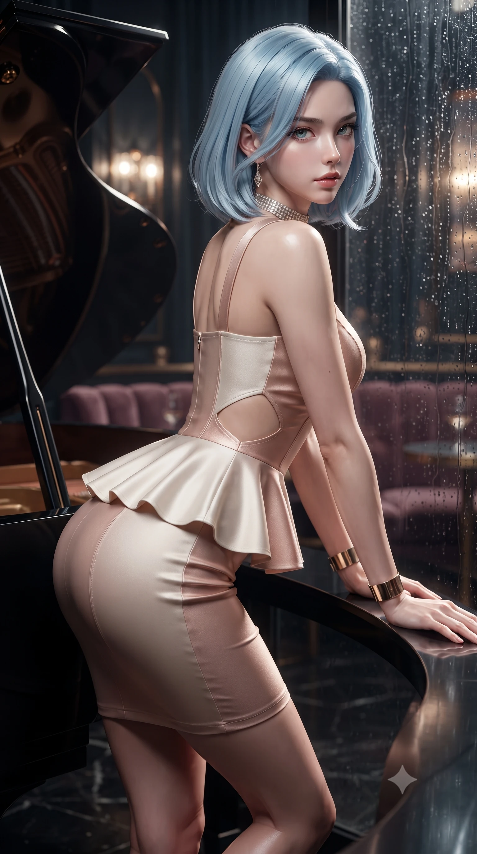 score_9, masterpiece, best quality, ultra-detailed, high-budget anime keyframe, editorial fashion photography, tasteful artistic composition, Korean woman. close-up cowboy shot from the waist and thighs up, the character dominates the composition, filling the frame with her large presence. leaning forward against the polished railing with her hips cocked back, creating an intoxicating curve from her narrow waist to sculpted hips as she gazes back into the lens while leaning forward against the sleek curved piano rim with lower back arched, casting an alluring over-the-shoulder bedroom-glance through rain-streaked glass. The composition keeps background elements in soft focus with creamy bokeh. curved grand piano reflections and velvet cocktail booths softened in moody shallow focus. She has an exceptionally elegant, slender, and willowy female figure with an ultra-slim waist, a gracefully sculpted slender torso, toned flat midriff, and rounded feminine hips creating an alluring hourglass silhouette. sharp v-shaped jawline, high-bridge nose, intricate jewel-like eyes with depth, thick eyelashes, glossy parted lips with a natural sheen, intensely captivating and seductive bedroom-eyes expression, flawlessly proportioned anatomical accuracy, strict slender model proportions, natural body alignment, perfectly sculpted long slender limbs, ultra-slim waistline, clean dynamic posture without body distortion. wearing a modern peplum corset dress with side-waist diamond cutouts and an ultra-tight silhouette in champagne ivory and delicate rose gold, tailored from liquid silk jersey adhering flawlessly to her slender build, complemented by a bold diamond choker and minimalist gold cuffs, the glove-like aerodynamic silhouette tightly following the natural contour of her hips and long slender legs with statuesque precision. illuminated by sleek metallic reflections sculpting her sculpted collarbones, ultra-slim waist, and curvy hips. ultra-reflective glossy finish, specular highlights, rich textural contrasts, high-contrast stereoscopic depth, volumetric dynamic lighting, 2k, ultra detail, master piece, 9:16 ratio