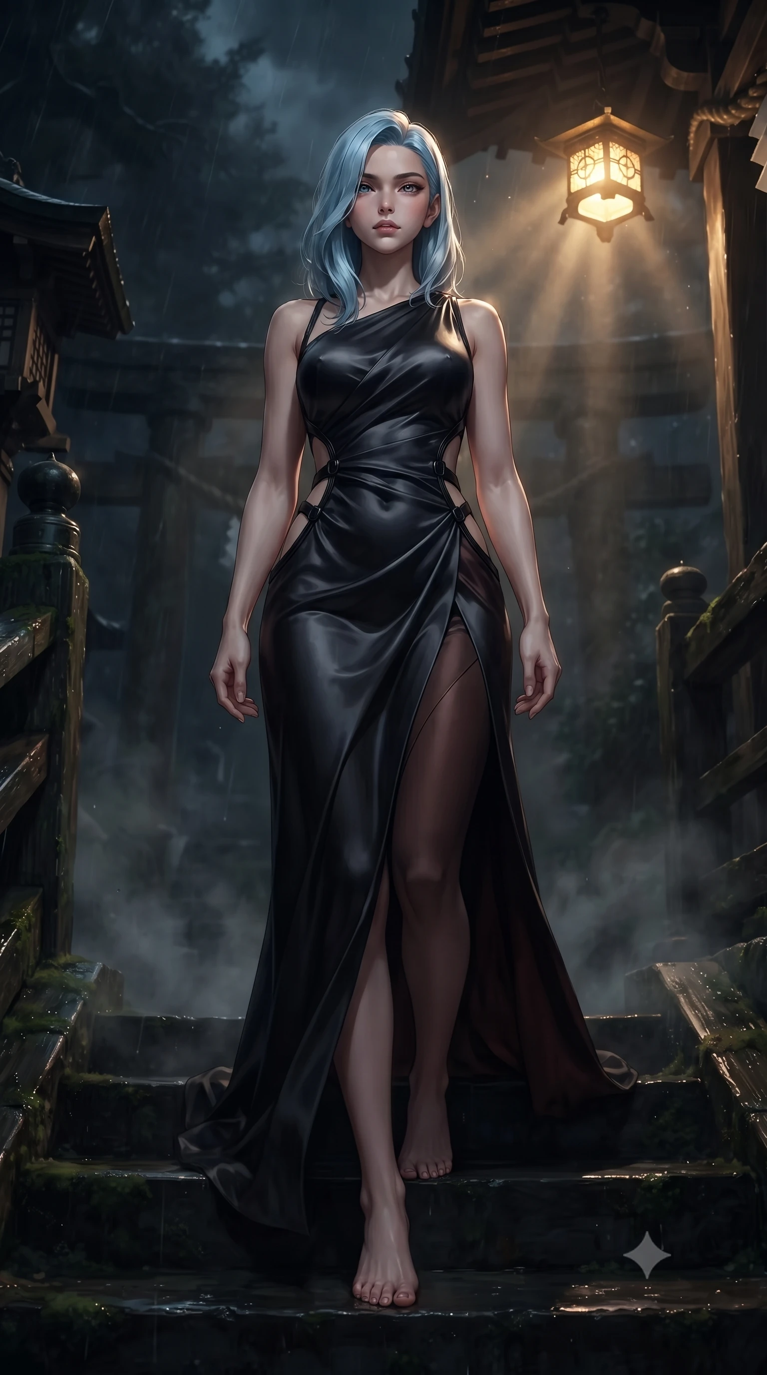 score_9, masterpiece, best quality, ultra-detailed, high-budget anime keyframe, editorial fashion photography, tasteful artistic composition, Korean woman. low angle full-body shot from head to toe showing her feet, filling the entire 9:16 vertical frame with her statuesque presence, stretching her vertical silhouette. forging confidently through the dark atmospheric mist, holding a poised statuesque stance, ascending dark wooden shrine steps beneath a dark stormy night sky, dim gold lantern light casting warm dramatic rays through thick midnight mist. She has an absolutely perfect, statuesque 8.5-heads proportion, an exceptionally tall and slender model-like female figure with impossibly long slender legs and an ultra-slim waist. sharp v-shaped jawline, high-bridge nose, intricate jewel-like eyes with depth, thick eyelashes, glossy lips with a natural sheen. wearing draped obsidian silk gown featuring tasteful waist slit cutouts in dark mahogany, made of soft dark satin, adorned with minimalist black onyx hardware framing the silhouette, contouring every curve with an exceptionally elegant silhouette. bathed in eerie gold mist glow and deep dark shadow silhouettes. highly saturated vibrant anime colors, detailed shading with soft gradients, rich glossy textures, high-contrast stereoscopic depth, volumetric dynamic lighting, master piece, 9:16 ratio