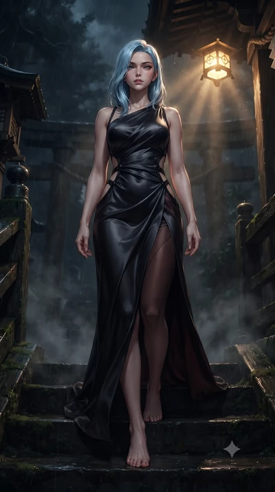 score_9, masterpiece, best quality, ultra-detailed, high-budget anime keyframe, editorial fashion photography, tasteful artistic composition, Korean woman. low angle full-body shot from head to toe showing her feet, filling the entire 9:16 vertical f