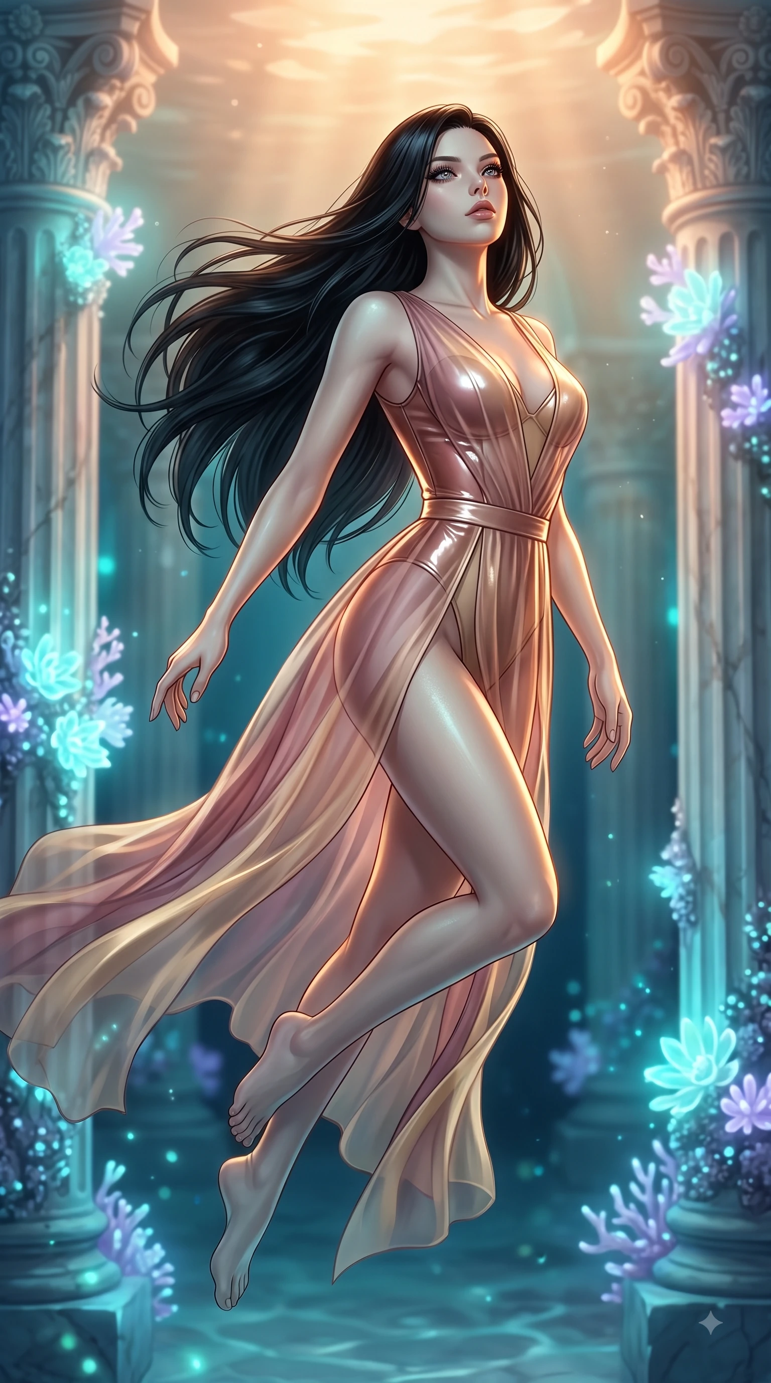 score_9, masterpiece, best quality, ultra-detailed, high-budget anime keyframe, editorial fashion photography, tasteful artistic composition, Korean woman. close-up cowboy shot from the waist and thighs up, the character dominates the composition, filling the frame with her large presence, background elements kept in soft focus. Tilting her chin up with composed magnetism as dramatic side lighting traces her sculpted waist and hip contour while swimming gracefully in an alluring underwater pose through a sunken marble colonnade, glowing coral blossoms emitting soft aqua and lavender light in the background. She has an exceptionally elegant, slender, and willowy female figure with an ultra-slim waist, a gracefully sculpted slender torso, and a refined silhouette. sharp v-shaped jawline, high-bridge nose, intricate jewel-like eyes with depth, thick eyelashes, glossy lips with a natural sheen, flawlessly proportioned anatomical accuracy, natural body alignment, perfectly sculpted elegant limbs, clean dynamic posture without body distortion. wearing a semi-opaque sheer overlay dress over a leather micro-bodysuit in dusty rose and champagne gold, tailored from high-gloss patent leather, finished with a sleek side slit ascending to mid-thigh, the tailored fabric tightly following every curve of her athletic build. illuminated by luminous aqua bioluminescence and warm golden top lighting. ultra-reflective glossy finish, specular highlights, metallic sheen, high-contrast stereoscopic depth, volumetric dynamic lighting, 2k, ultra detail, master piece, 9:16 ratio