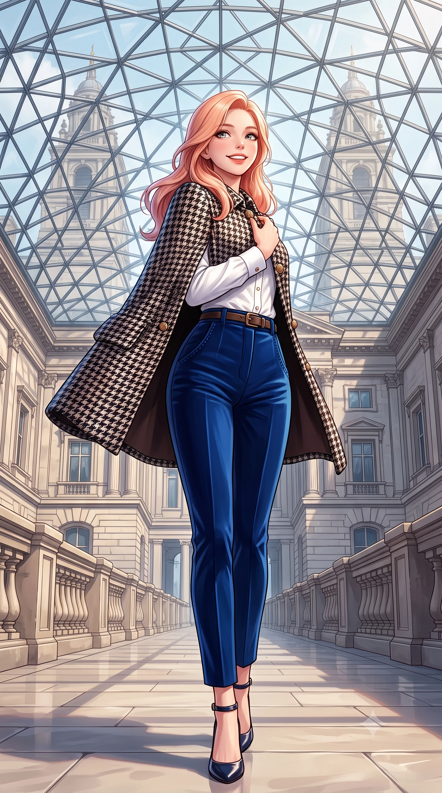 score_9, masterpiece, best quality, ultra-detailed, high-budget anime keyframe, semi-realistic 3D game render, editorial fashion photography, tasteful artistic composition, Japanese woman. low angle full-body shot from head to toe showing her feet, filling the entire 9:16 vertical frame with her statuesque presence, stretching her vertical silhouette. pausing along the promenade and turning back toward the camera with an infectious, delightful smile and perfect posture while standing poised beneath the monumental geodesic glass roof canopy, gazing upward with an inspired, breathtaking smile. The surrounding environment is rendered in vivid detail and crisp panoramic clarity: detailed houndstooth tweed jacket weave, gold embossed coin buttons, and monumental British architecture in high resolution. She has an exceptionally tall and slender model-like 8.5-heads proportion, an ultra-slim waist, a flat toned midriff, narrow delicate ribcage, and beautifully sculpted feminine hips creating a graceful, slim hourglass silhouette without any bulky heaviness, with impossibly long slender legs. sharp v-shaped jawline, high-bridge nose, intricate jewel-like sparkling eyes with depth, thick eyelashes, glossy parted lips with a natural peach sheen, bright cheerful beaming smile with an enchanting and coquettish sensual glint, exuding both youthful cute charm and seductive allure, flawlessly proportioned anatomical accuracy, strict slender model proportions, natural body alignment, perfectly sculpted long slender limbs, ultra-slim waistline, clean dynamic posture without body distortion. wearing an elegant tailored cape coat in brushed wool worn over a crisp white cotton shirt and tailored cigarette pants in royal sapphire blue and antique brushed bronze, crafted from rich cotton velvet with deep light-absorbing pile and soft gradients, featuring delicate tonal horn buttons and meticulous hand-stitched pick-lapel borders, the streamlined silhouette following her natural slender proportions with sophisticated poise, enhancing her tall willowy presence. illuminated by pale stone reflection bounce and sharp platinum rim lights sculpting her jawline, narrow waist, and statuesque proportions. highly saturated vibrant anime colors, detailed shading with soft gradients, rich glossy textures, high-contrast stereoscopic depth, volumetric dynamic lighting, master piece, 9:16 ratio
