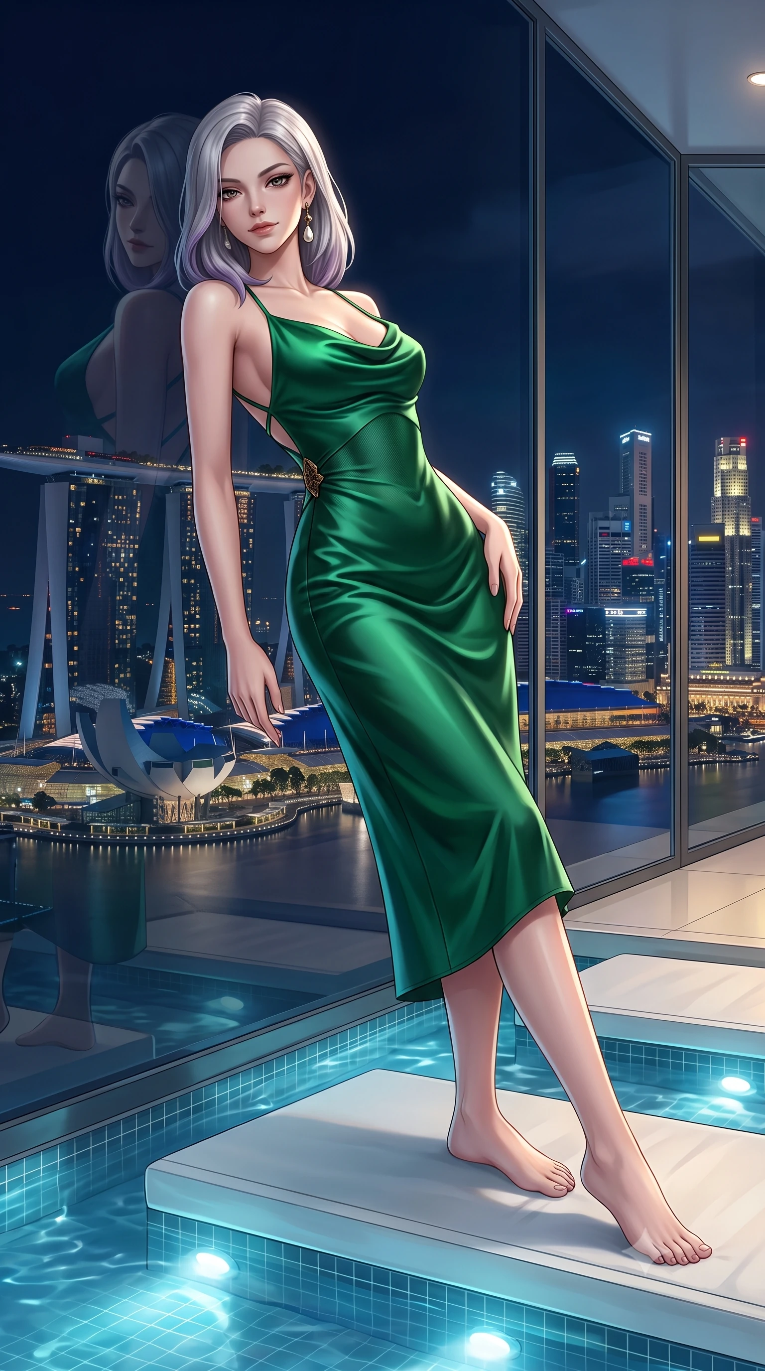 score_9, masterpiece, best quality, ultra-detailed, high-budget anime keyframe, semi-realistic 3D game render, editorial fashion photography, tasteful artistic composition, Caucasian woman. low angle full-body shot from head to toe showing her feet, filling the entire 9:16 vertical frame with her statuesque presence, stretching her vertical silhouette. leaning back against the panoramic glass window with hips cocked back in an unapologetically alluring high-fashion stance, illuminated by the city night vista while lounging beside the illuminated rooftop water basin on a white teak daybed, arching her spine with sovereign supermodel poise against the skyline. The surrounding environment is rendered in vivid detail and crisp panoramic clarity. detailed gown texture, glowing skin highlights, and Marina Bay architectural precision in high resolution. She has an exceptionally tall and slender model-like 8.5-heads proportion, an ultra-slim waist, a flat toned midriff, narrow delicate ribcage, and beautifully sculpted feminine hips creating a graceful, slim hourglass silhouette without any bulky heaviness, with impossibly long slender legs. sharp v-shaped jawline, high-bridge nose, intricate jewel-like dark sparkling eyes with dangerous depth, thick curled eyelashes, glossy parted lips with a rich wine sheen, smoldering seductive half-smile with bedroom-eyes, exuding effortless superiority and intoxicating dark allure, flawlessly proportioned anatomical accuracy, strict slender model proportions, natural body alignment, perfectly sculpted long slender limbs, ultra-slim waistline, clean dynamic posture without body distortion. wearing a cowl-neck emerald green silk satin slip dress with criss-cross back straps and hip-accentuating drape in dark emerald green and brushed antique bronze, made of semi-opaque dark contouring mesh clinging like a second skin, accented with a single dangling baroque pearl earring reflecting the amber glow, the glove-like silhouette tightly following the natural contour of her hips and long slender legs with youthful 8.5-heads elegance. illuminated by underwater pool LED downlights and crisp silver rim lighting sharply sculpting her razor-sharp jawline, narrow waist, and curvy hips. highly saturated vibrant anime colors, detailed shading with soft gradients, rich glossy textures, high-contrast stereoscopic depth, volumetric dynamic lighting, master piece, 9:16 ratio