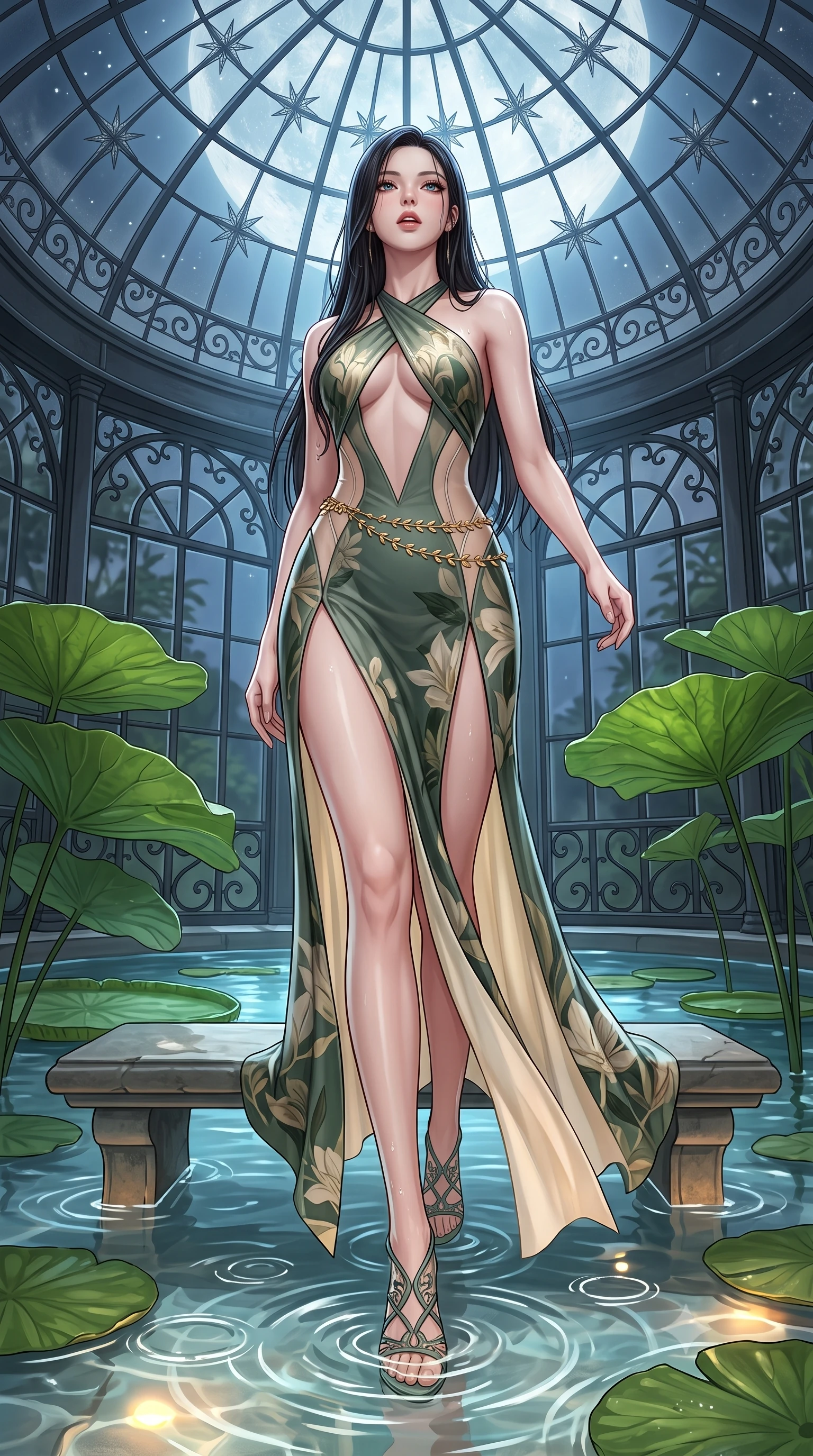 score_9, masterpiece, best quality, ultra-detailed, high-budget anime keyframe, semi-realistic 3D game render, editorial fashion photography, tasteful artistic composition, Korean woman. low angle full-body shot from head to toe showing her feet, filling the entire 9:16 vertical frame with her statuesque presence, stretching her vertical silhouette. striding forward in a proud supermodel runway stride, hips swaying in an alluring kinetic rhythm that accentuates her curvy hourglass silhouette while resting on a submerged stone bench as warm water laps at her waist, head tilted back toward the starry glass dome with parted lips. The surrounding environment is rendered in vivid detail and crisp panoramic clarity. sharp water surface tension rings, giant lily pad vein textures, and wrought-iron window frames in deep focus. She has an absolutely perfect, statuesque 8.5-heads proportion, an exceptionally tall and slender model-like female figure with impossibly long slender legs, a toned flat midriff, an ultra-slim waist, and beautifully sculpted feminine hips. sharp v-shaped jawline, high-bridge nose, intricate jewel-like eyes with depth, thick eyelashes, glossy parted lips with a natural sheen, intensely captivating and seductive bedroom-eyes expression, flawlessly proportioned anatomical accuracy, strict slender model proportions, natural body alignment, perfectly sculpted long slender limbs, ultra-slim waistline, clean dynamic posture without body distortion. wearing an open-waist botanical print silk maxi gown with crossed halter straps and bare back in fresh sage green and warm water-lily ivory, made of sheer contouring power-mesh panels with anatomical curve lines, accented with a delicate gold leaf chain belt resting loosely on her curvy hips, the glove-like aerodynamic silhouette tightly following the natural contour of her hips and long slender legs with statuesque precision. bathed in cool silver moonlight filtering through the glass dome and warm underwater pool uplights. highly saturated vibrant anime colors, detailed shading with soft gradients, rich glossy textures, high-contrast stereoscopic depth, volumetric dynamic lighting, master piece, 9:16 ratio