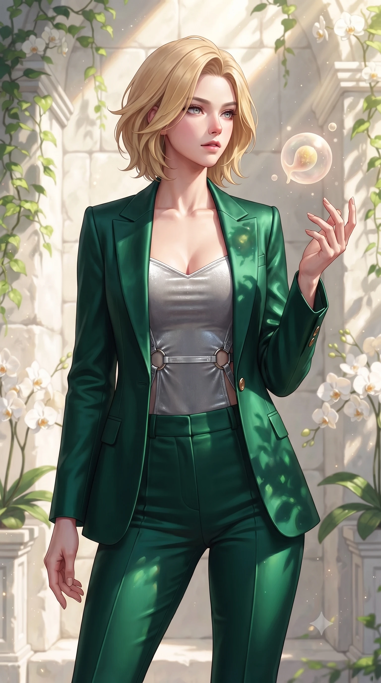 score_9, masterpiece, best quality, ultra-detailed, high-budget anime keyframe, editorial fashion photography, tasteful artistic composition, Caucasian woman. close-up cowboy shot from the waist and thighs up, the character dominates the composition, filling the frame with her large presence, background elements kept in soft focus. Gazing past the camera with an air of effortless elegance and mysterious confidence interacting with a floating biomorphic pollen orb in a sunlit sanctuary, lush green vines and white orchids framing the bright architectural backdrop. She has an exceptionally elegant, slender, and willowy female figure with an ultra-slim waist, a gracefully sculpted slender torso, and a refined silhouette. sharp v-shaped jawline, high-bridge nose, intricate jewel-like eyes with depth, thick eyelashes, glossy lips with a natural sheen. wearing a tailored silk blazer over a form-contouring top and fitted slacks in deep emerald green and silver accent, made of premium stretch velvet with a rich sheen, accented with delicate chrome ring hardware framing her waist, the form-contouring material highlighting her ultra-slim waist and long lines. illuminated by brilliant sunbeams casting organic leaf stencil shadows. highly saturated vibrant anime colors, detailed shading with soft gradients, rich glossy textures, high-contrast stereoscopic depth, volumetric dynamic lighting, master piece, 9:16 ratio