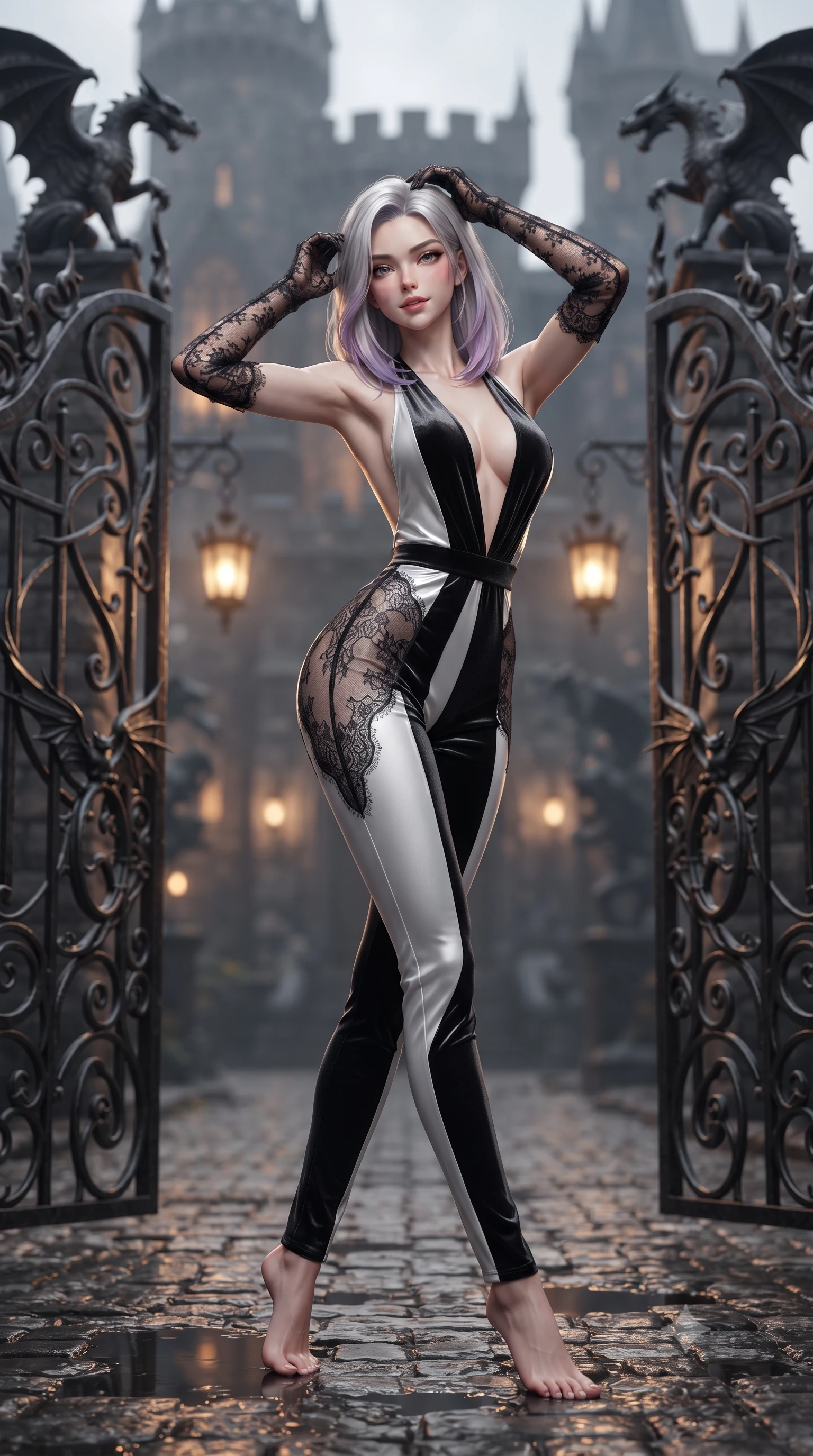 score_9, masterpiece, best quality, ultra-detailed, high-budget anime keyframe, editorial fashion photography, tasteful artistic composition, Caucasian woman. low angle full-body shot from head to toe showing her feet, filling the entire 9:16 vertical frame with her statuesque presence, stretching her vertical silhouette. lounging on the lavish daybed with legs crossed and hips angled toward the camera, displaying her toned midriff and long slender limbs with effortless siren poise while standing poised between the towering wrought-iron dragon gates, arching her back with sovereign nocturnal presence. The background shows a soft-focus towering castle battlements, wrought-iron dragon gargoyles, and hanging carriage lanterns blurred into amber, slate, and charcoal bokeh. She has an absolutely perfect, statuesque 8.5-heads proportion, an exceptionally tall and slender model-like female figure with impossibly long slender legs, an ultra-slim waist, a flat toned midriff, narrow delicate ribcage, and beautifully sculpted feminine hips creating a graceful, slim hourglass silhouette without any bulky heaviness. sharp v-shaped jawline, high-bridge nose, sparkling eyes with hypnotic seductive depth, thick curled eyelashes, glossy parted lips with a natural dewy peach sheen, alluring bedroom-eyes with an enchanting coquettish smile, exuding magnetic siren charisma and sophisticated glamour, flawlessly proportioned anatomical accuracy, strict slender model proportions, natural body alignment, perfectly sculpted long slender limbs, ultra-slim waistline, clean dynamic posture without body distortion. wearing a backless plunge-front second-skin velvet jumpsuit with fluid tapered legs and sheer lace hip inserts in dual-tone high-contrast avant-garde monochrome, crafted from fluid liquid silk satin that clings smoothly to every curve with a dewy sheen, complemented by sheer opera-length lace evening gloves tracing her slender arms, the high-slit wrap tailoring accentuating her ultra-slim waistline and the enchanting curve of her feminine hips with alluring seductive charm. illuminated by wet cobblestone puddle bounce and sharp warm-gold rim lights sculpting her razor-sharp jawline, narrow waist, and curvy hips. ultra-reflective glossy finish, specular highlights, rich textural contrasts, high-contrast stereoscopic depth, volumetric dynamic lighting, 2k, ultra detail, master piece, 9:16 ratio