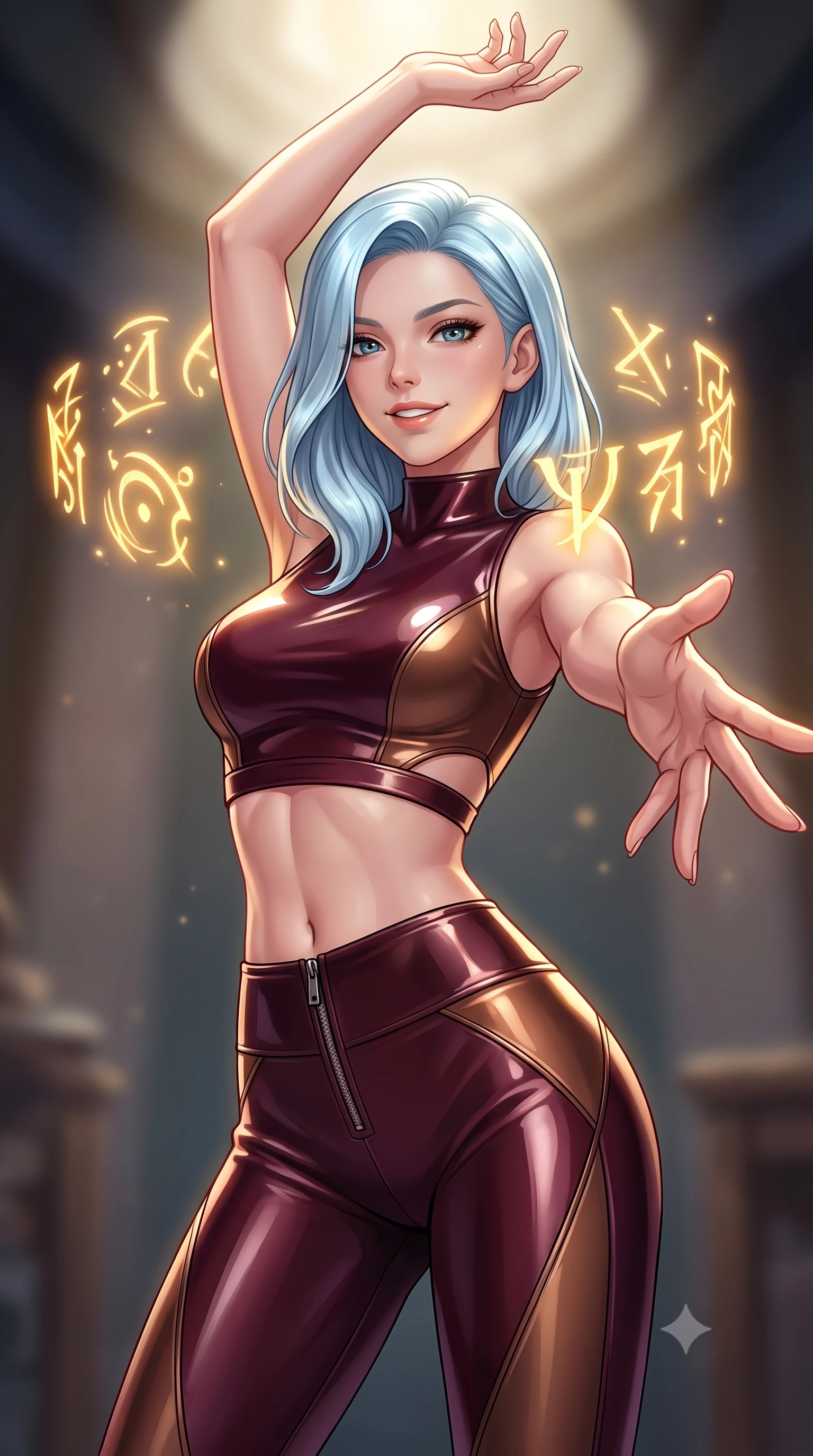 score_9, masterpiece, best quality, ultra-detailed, high-budget anime keyframe, editorial fashion photography, tasteful artistic composition, Korean woman. close-up cowboy shot from the waist and thighs up, the character dominates the composition, filling the frame with her large presence, background elements kept in soft focus. Extending one arm in an elegant stretch toward the light while smiling with magnetic self-assurance while pivoting dynamically with one hand extending toward the viewer in a power pose, glowing alchemy runes hovering in mid-air, casting golden light on her face. She has an exceptionally elegant, slender, and willowy female figure with an ultra-slim waist, a gracefully sculpted slender torso, and a refined silhouette. sharp v-shaped jawline, high-bridge nose, intricate jewel-like eyes with depth, thick eyelashes, glossy lips with a natural sheen, flawlessly proportioned anatomical accuracy, natural body alignment, perfectly sculpted elegant limbs, clean dynamic posture without body distortion. wearing a glossy vinyl crop top and high-waist tailored leggings with sleek zippers in deep burgundy and bronze, formed from sleek second-skin neoprene, featuring subtle geometric cutouts that highlight her ultra-slim midriff, the sleek second-skin texture accentuating her magnetic presence. illuminated by golden alchemy rune radiance and dramatic top key light. highly saturated vibrant anime colors, detailed shading with soft gradients, rich glossy textures, high-contrast stereoscopic depth, volumetric dynamic lighting, master piece, 9:16 ratio