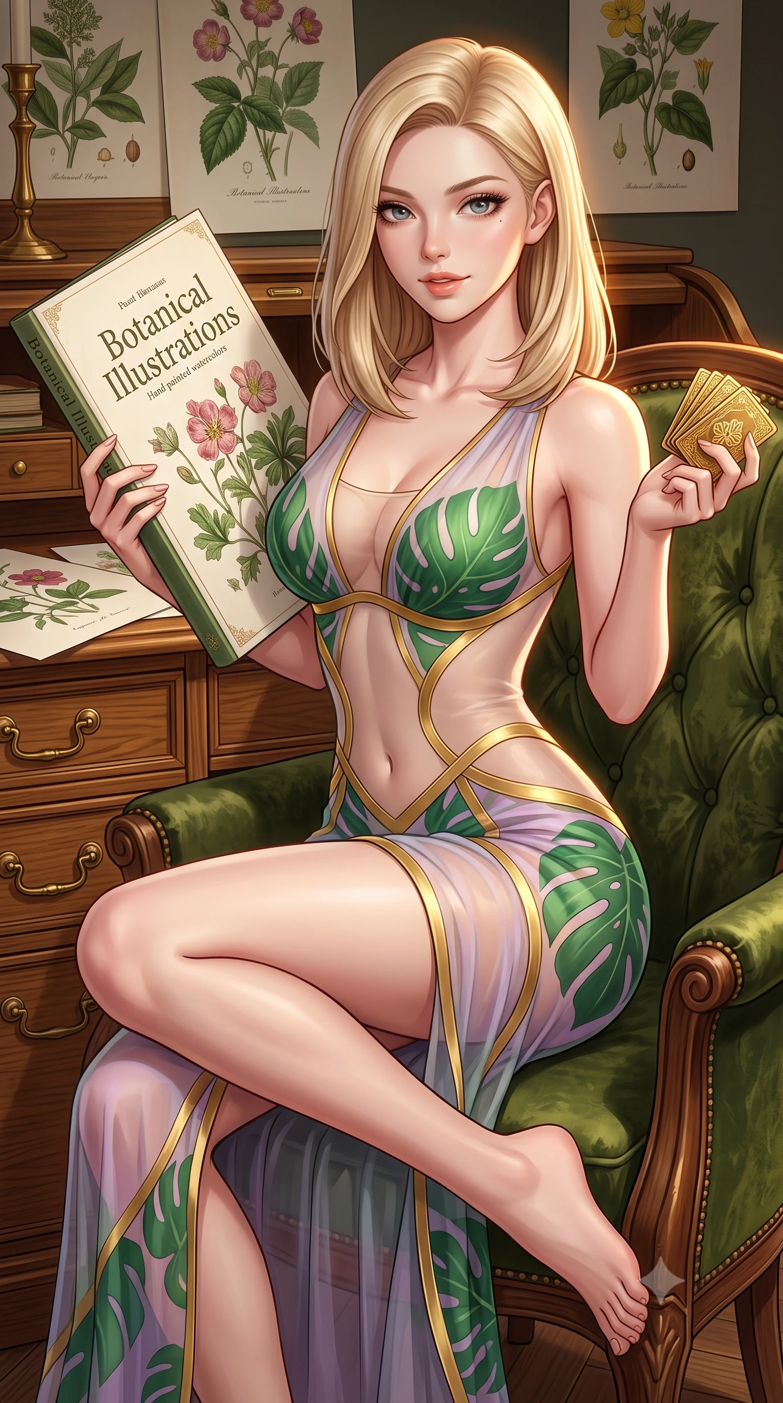 score_9, masterpiece, best quality, ultra-detailed, high-budget anime keyframe, semi-realistic 3D game render, editorial fashion photography, tasteful artistic composition, Korean woman. close-up cowboy shot from the waist and thighs up, the character dominates the composition, filling the frame with her large presence. perched sideways on the lounge seat, one knee drawn up to showcase her slender leg line while her arched back accentuates her feminine hip curve while perched sideways on an antique velvet armchair with legs crossed, holding a botanical illustration book with effortless intellectual allure. The surrounding environment is rendered in vivid detail and crisp panoramic clarity: sharp antique brass drawer pull handles, detailed hand-painted botanical watercolors, and polished oak wood grain in deep focus. She has an exceptionally elegant, slender, and willowy female figure with an ultra-slim waist, flat toned midriff, narrow ribcage, and sculpted feminine hips creating an alluring, slim hourglass silhouette without bulk. sharp v-shaped jawline, high-bridge nose, sparkling eyes with hypnotic seductive depth, thick curled eyelashes, glossy parted lips with a natural dewy peach sheen, alluring bedroom-eyes with an enchanting coquettish smile, exuding magnetic siren charisma and sophisticated glamour, flawlessly proportioned anatomical accuracy, strict slender model proportions, natural body alignment, perfectly sculpted long slender limbs, ultra-slim waistline, clean dynamic posture without body distortion. wearing a provocative sheer illusion mesh gown with liquid gold ribbons contouring her flat midriff and curvaceous hips in vibrant jungle monstera green and dewy orchid lavender, made of sheer gossamer chiffon that drapes softly against skin with airy translucence, accented with a stack of engraved gold casino plaques held loosely in one hand, the glove-like clinging cut tightly following the natural contour of her hips and long slender legs with youthful 8.5-heads elegance. illuminated by parchment reflection fill and sharp warm-amber rim lights defining her delicate clavicles, narrow waist, and curvy hips. highly saturated vibrant anime colors, detailed shading with soft gradients, rich glossy textures, high-contrast stereoscopic depth, volumetric dynamic lighting, master piece, 9:16 ratio