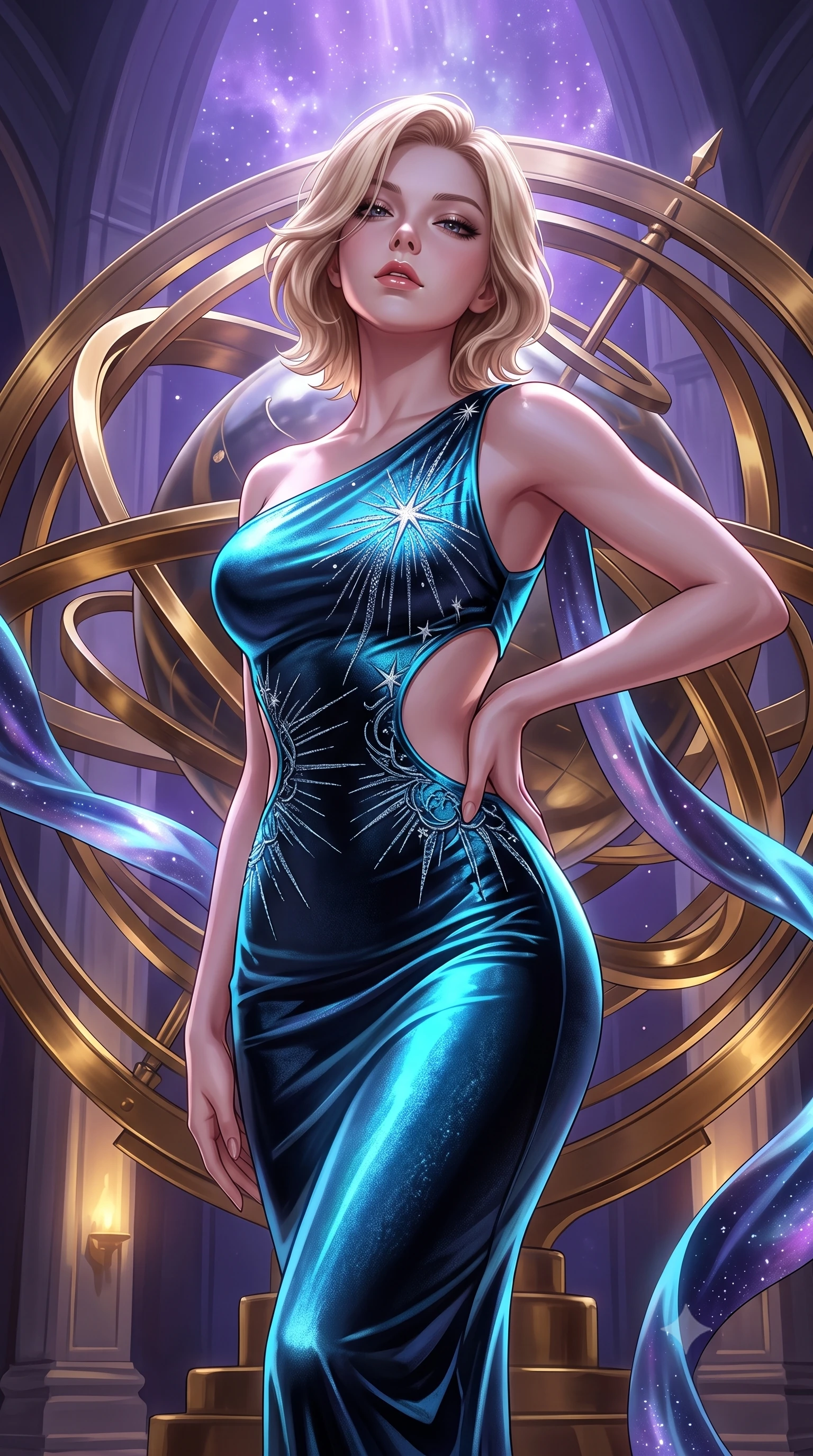 score_9, masterpiece, best quality, ultra-detailed, high-budget anime keyframe, semi-realistic 3D game render, editorial fashion photography, tasteful artistic composition, Caucasian woman. close-up cowboy shot from the waist and thighs up, the character dominates the composition, filling the frame with her large presence. tilting her chin up with proud, sovereign allure while gazing through thick eyelashes, one hand resting on her waist in pure supermodel charisma while leaning back against the polished brass rings of a colossal rotating armillary sphere, hips tilted in a seductive contrapposto stance. The surrounding environment is rendered in vivid detail and crisp panoramic clarity. monumental high-contrast cosmic chiaroscuro and sacred astronomical sanctuary architecture in precision. She has an exceptionally elegant, slender, and willowy female figure with an ultra-slim waist, a gracefully sculpted slender torso, toned flat midriff, and rounded feminine hips creating an alluring hourglass silhouette. sharp v-shaped jawline, high-bridge nose, intricate jewel-like eyes with depth, thick eyelashes, glossy parted lips with a natural sheen, intensely captivating and seductive bedroom-eyes expression, flawlessly proportioned anatomical accuracy, strict slender model proportions, natural body alignment, perfectly sculpted long slender limbs, ultra-slim waistline, clean dynamic posture without body distortion. wearing an asymmetric one-shoulder metallic gown with celestial starburst embroidery and bare side cutouts in electric cyan and deep interstellar black, crafted from heavyweight crushed silk velvet with liquid frost luster, complemented by floating celestial silk ribbons catching the nebula light, the liquid-tight tailored fabric clinging flawlessly to her narrow waist and rounded feminine hips, emphasizing every millimeter of her sculpted hourglass curves during movement. bathed in cool violet nebula glow from above and warm golden brass indicator uplights. highly saturated vibrant anime colors, detailed shading with soft gradients, rich glossy textures, high-contrast stereoscopic depth, volumetric dynamic lighting, master piece, 9:16 ratio