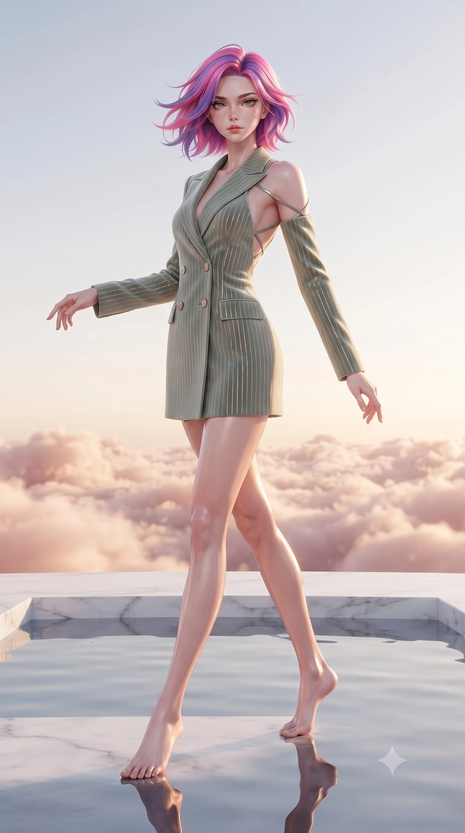 score_9, masterpiece, best quality, ultra-detailed, high-budget anime keyframe, editorial fashion photography, tasteful artistic composition, Caucasian woman. low angle full-body shot from head to toe showing her feet, filling the entire 9:16 vertical frame with her statuesque presence, stretching her vertical silhouette. forging dynamically through the scene, her vertical silhouette beautifully stretched standing on a floating white marble terrace above a sea of rose-gold clouds, still pool waters reflecting her slender silhouette and the open sky. She has an absolutely perfect, statuesque 8.5-heads proportion, an exceptionally tall and slender model-like female figure with impossibly long slender legs and an ultra-slim waist. sharp v-shaped jawline, high-bridge nose, intricate jewel-like eyes with depth, thick eyelashes, glossy lips with a natural sheen. wearing a double-breasted blazer dress with metallic pin-stripes in sage green and oatmeal, made of premium stretch velvet with a rich sheen, complemented by criss-cross back straps highlighting her bare shoulders, the form-contouring material highlighting her ultra-slim waist and long lines. lit by brilliant warm key light softening into smooth, elegant gradients. ultra-reflective glossy finish, specular highlights, metallic sheen, high-contrast stereoscopic depth, volumetric dynamic lighting, 2k, ultra detail, master piece, 9:16 ratio