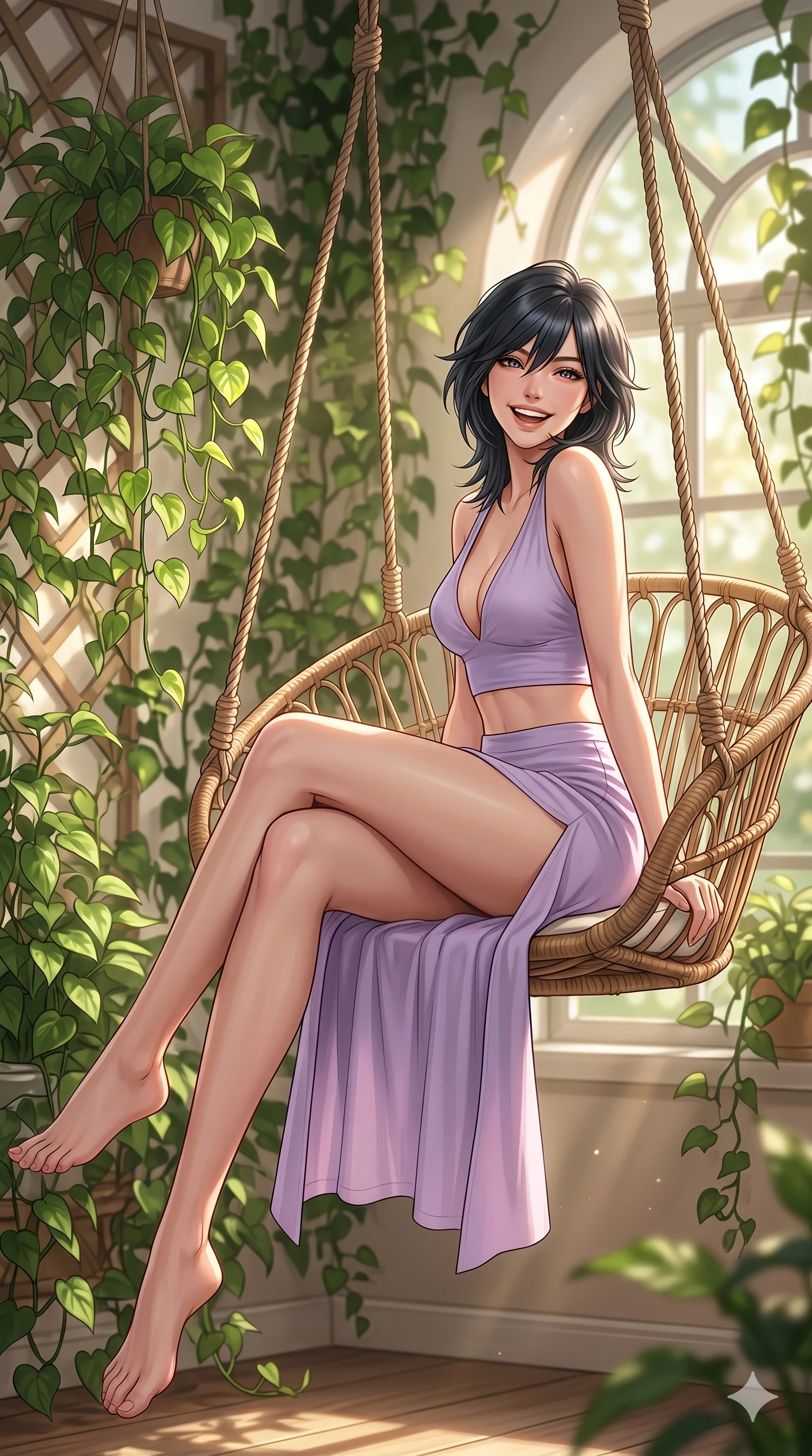 score_9, masterpiece, best quality, ultra-detailed, high-budget anime keyframe, editorial fashion photography, tasteful artistic composition, Caucasian woman, strictly human ears. cowboy shot from the thighs up, character and outfit filling the frame for maximum editorial presence. sitting on the hanging chair, looking back with a bright, welcoming laugh inside a sunroom corner with green trailing plants and a hanging chair. She has an absolutely perfect 8-heads proportion, an exceptionally tall and slender female figure with impossibly long slender legs and an ultra-slim waist. V-shaped jawline, high-bridge nose, intricate jewel-like eyes with depth, thick eyelashes, glossy lips with a natural sheen. wearing a lightweight lavender crop top with a plunging V-neckline and matching split skirt. bathed in soft, warm sunbeams filtering through the foliage, creating a relaxed vibe. 2k, ultra detail, master piece, 9:16 ratio