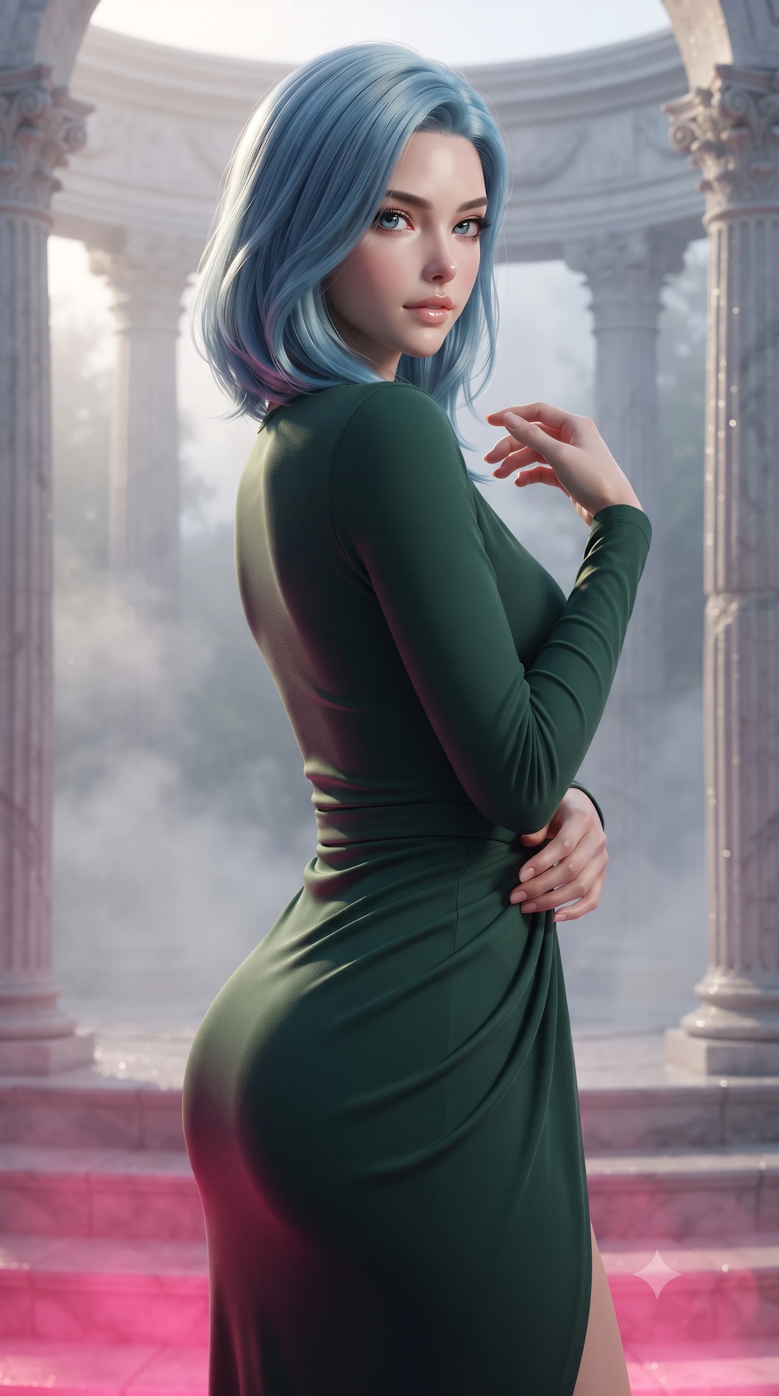 score_9, masterpiece, best quality, ultra-detailed, high-budget anime keyframe, editorial fashion photography, tasteful artistic composition, Korean woman. close-up cowboy shot from the waist and thighs up, the character dominates the composition, filling the frame with her large presence, background elements kept in soft focus. Glancing sidelong over her shoulder with a smoldering half-smile. set against a soft-focus background of an ancient white marble amphitheater at the first golden light of dawn with morning mist swirling between fluted Corinthian columns and dew glistening on every carved stone surface. She has an exceptionally elegant and slender, willowy female figure with an ultra-slim waist, a gracefully sculpted slender torso, and a refined slim physique. sharp v-shaped jawline, high-bridge nose, intricate jewel-like eyes with depth, thick eyelashes, glossy lips with a natural sheen. wearing a form-fitting wrap dress in a deep pine green jersey, draped strategically to contour her slender hips and waist. dramatic contrast of hot pink furnace glow from below and cool golden light from above. 2k, ultra detail, master piece, 9:16 ratio